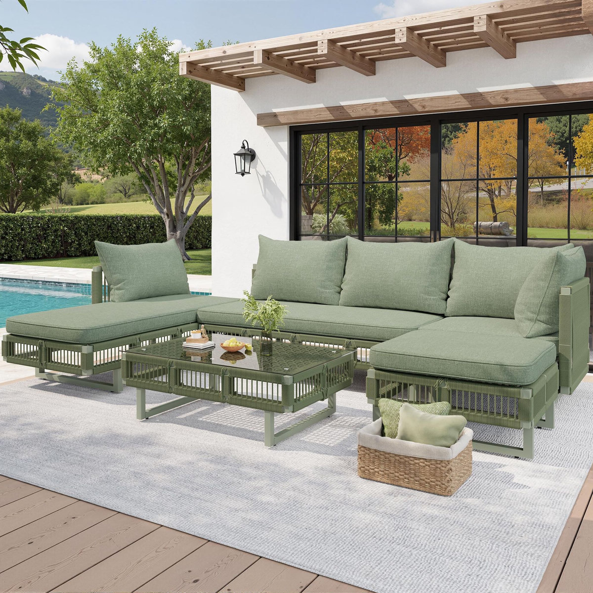 MERAX Salon de jardin modulaire pour 5-6 personnes en fer, avec coussins épais et table en verre