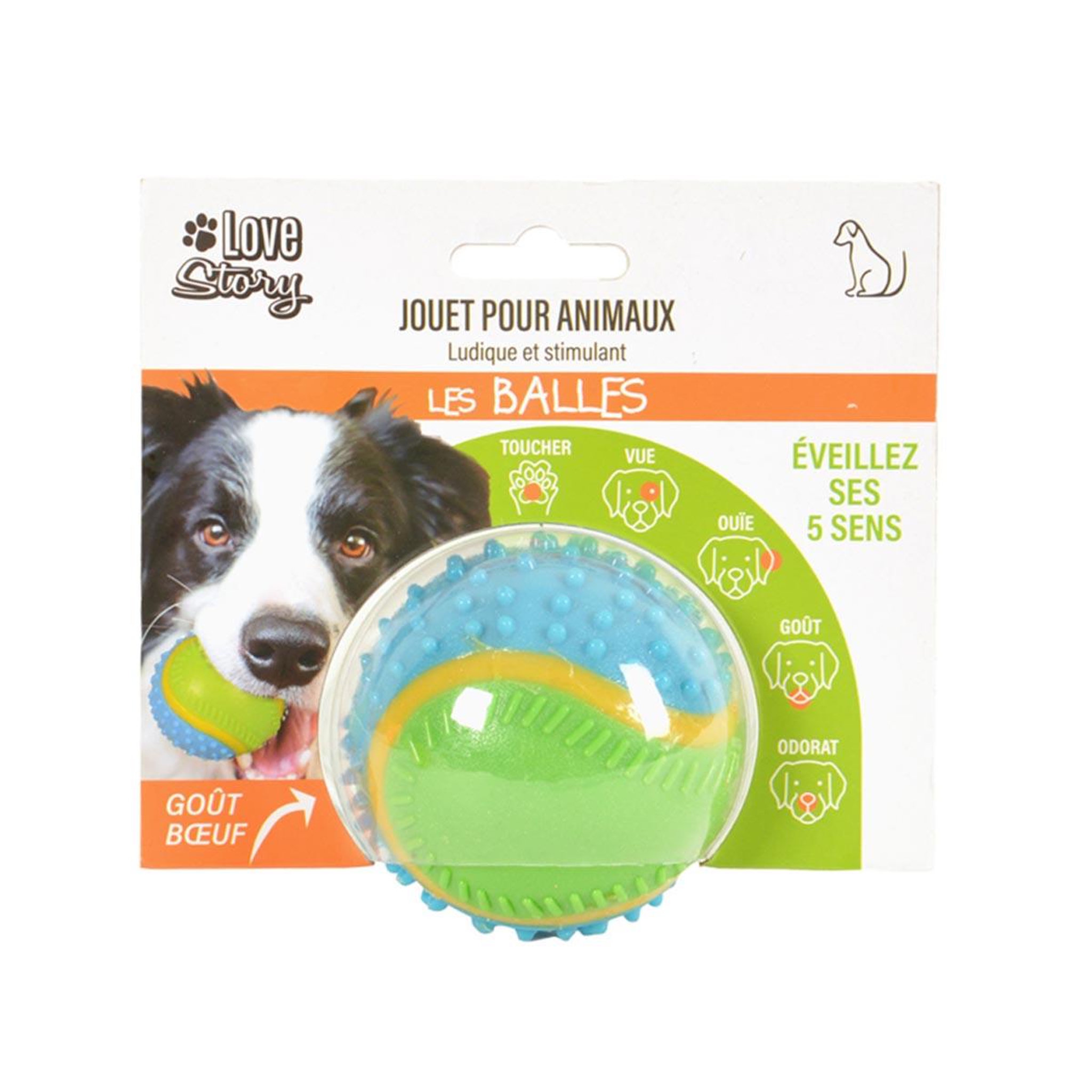 Voir la diapositive 2 : LOVE STORY Jouet chien balle stimulation  5 sens  6cm bleu