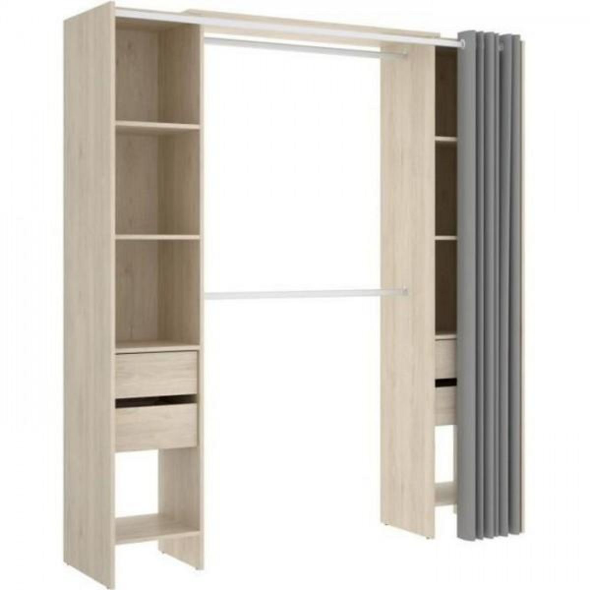 MARKET24 Kit dressing extensible avec rideau et 4 tiroirs - Décor chene naturel - L 180-113 x P 50 x H 205 cm - SUIT