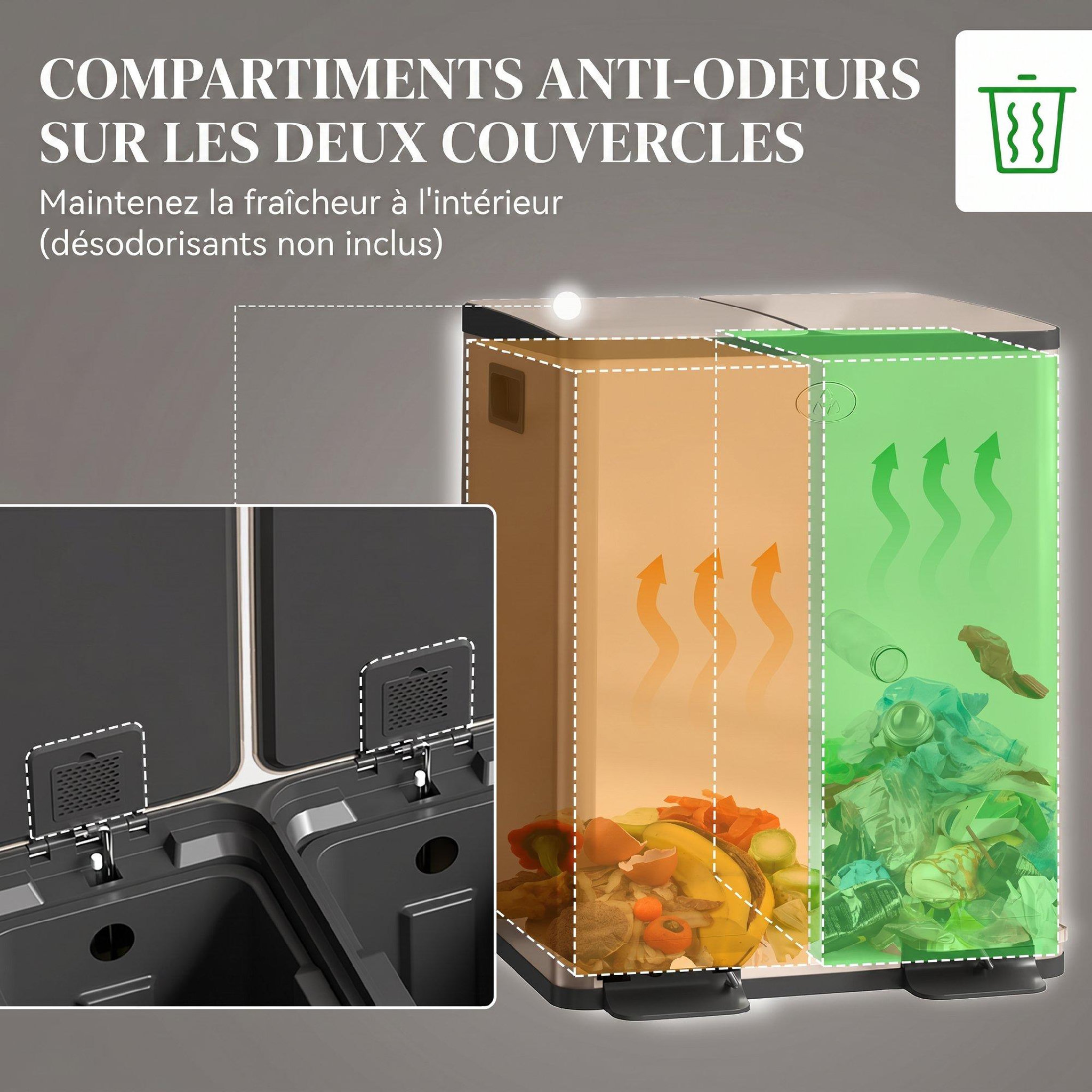 Voir la diapositive 6 : HOMCOM Poubelle manuelle tri selectif 2 bacs capacité totale 20l acier inox. Champagne