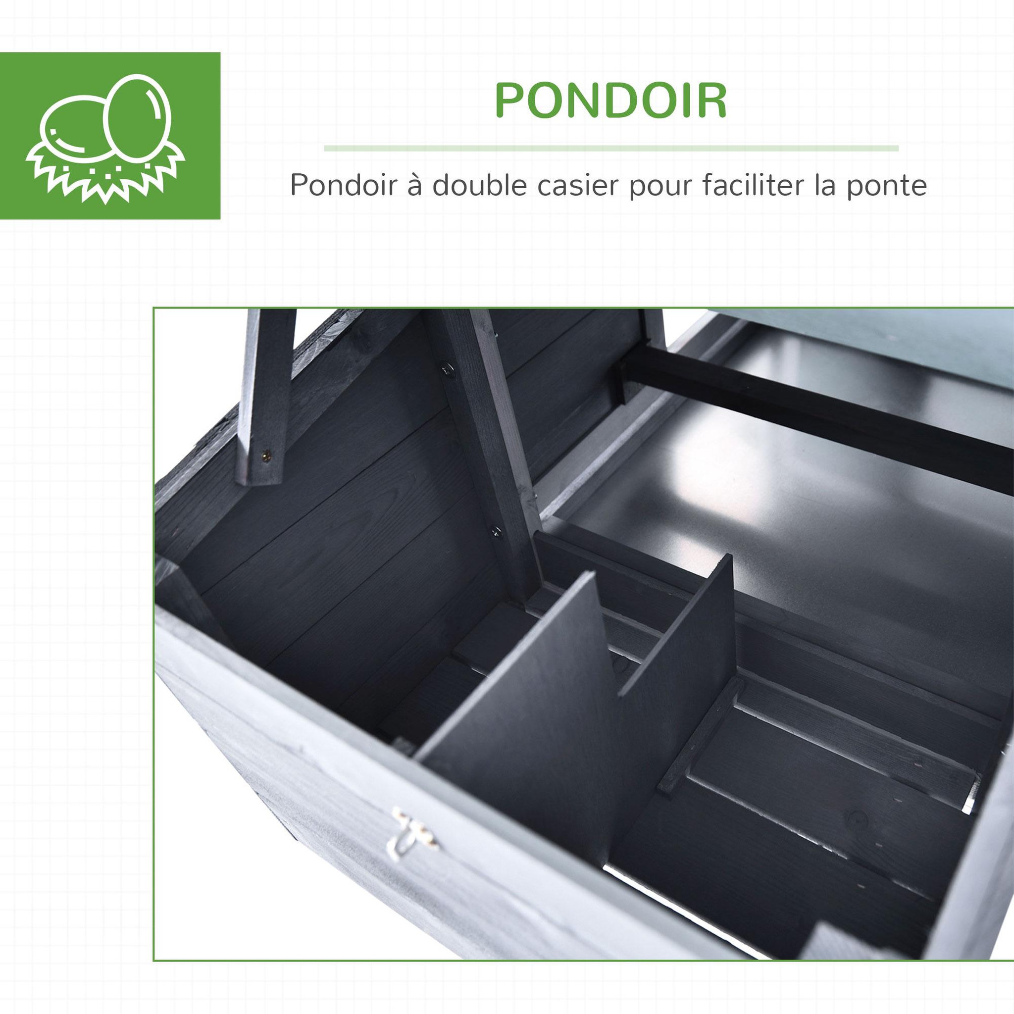 Voir la diapositive 6 : PAWHUT Poulailler cottage cage à poules sur pied dim. 151l x 54l x 87h cm multi-équipement bois pin gris