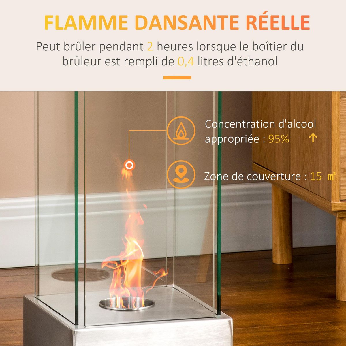 HOMCOM Cheminée portable à poser bioéthanol avec réservoir 0,4 L couverture 15 m²  - dim. 25L x 25l x 60H cm