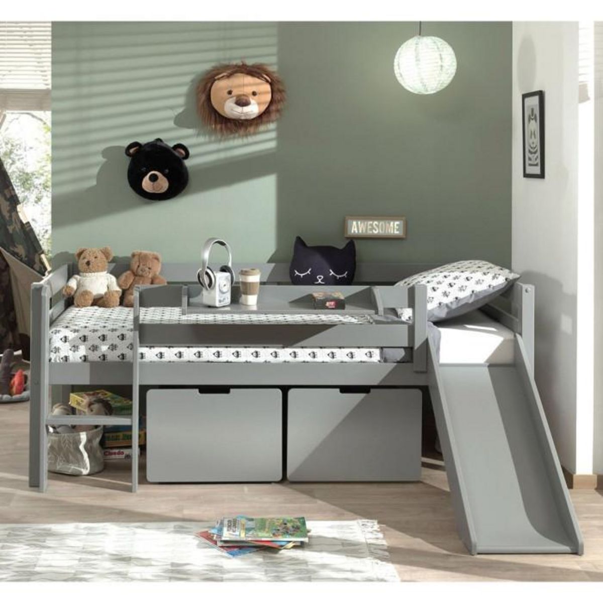 Paris Prix Pack - Lit Enfant Surélevé, 2 Tiroirs & Étagère  Pino  Gris
