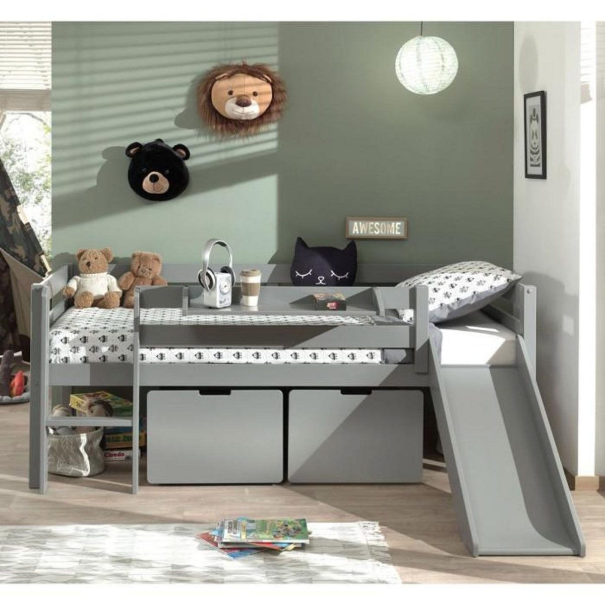 Paris Prix Pack - Lit Enfant Surélevé, 2 Tiroirs & Étagère  Pino  Gris