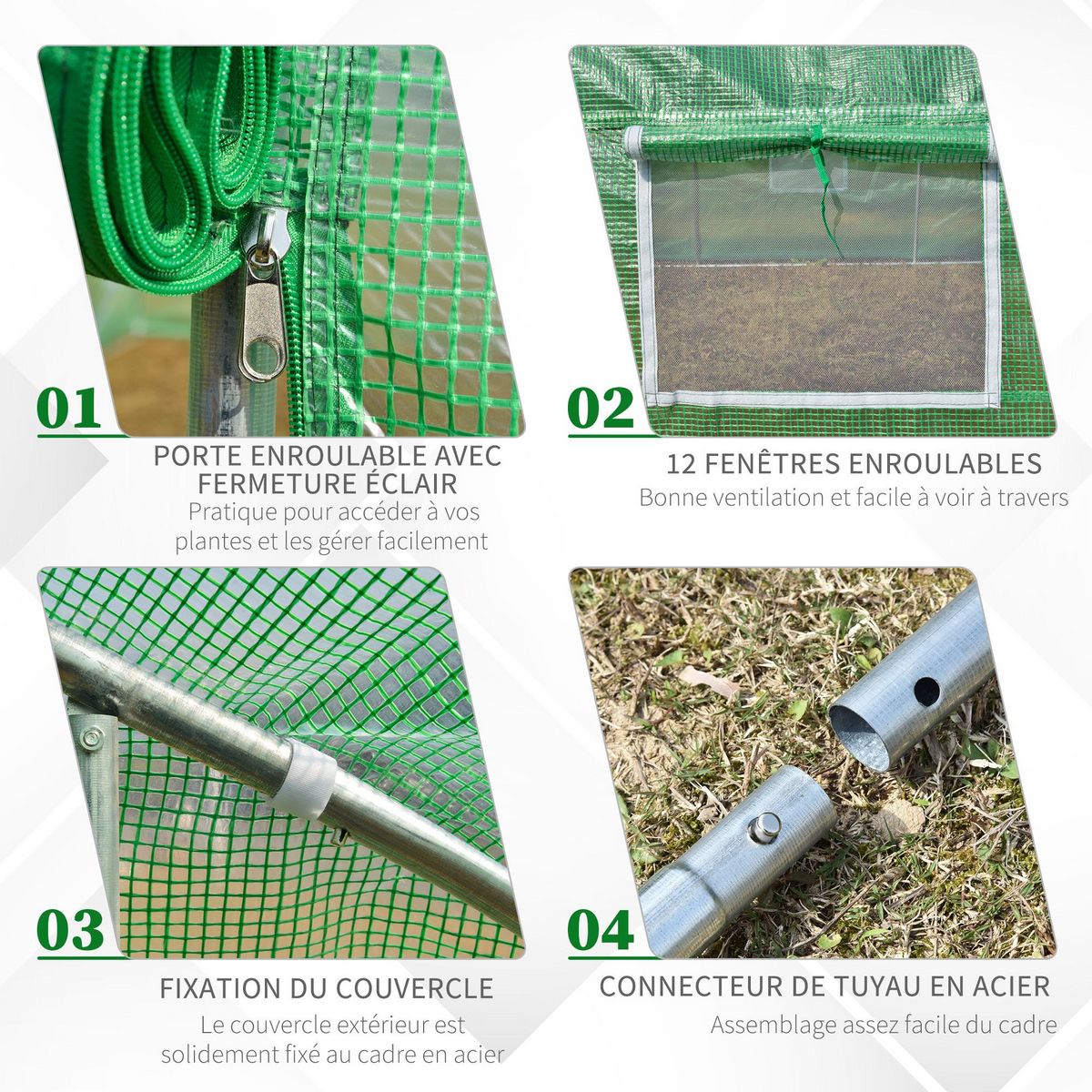 OUTSUNNY Serre tunnel grande taille 24 m² châssis tubulaire acier galvanisé renforcé 2,4 cm 12 fenêtres 1 porte vert