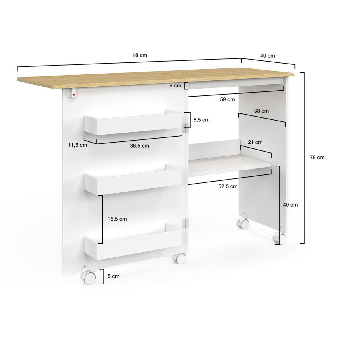 ID MARKET Table de couture pliable à roulettes meuble pour machine à coudre avec 4 étagères