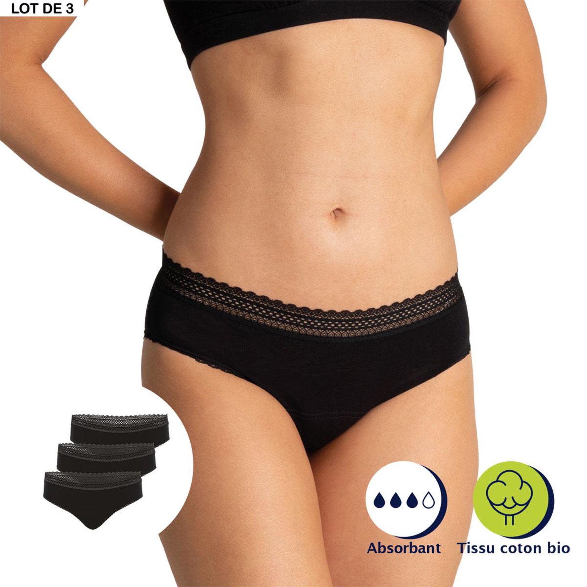 Voir la diapositive 2 : Athena Lot de 3 slips pour les règles femme Coton bio Secret