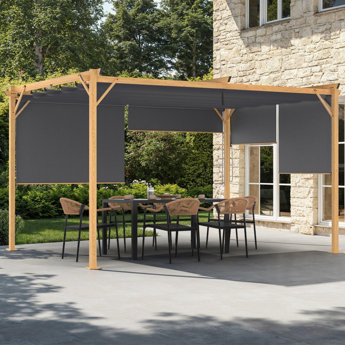 ID MARKET Pergola édition exclusive effet bois toit rétractable 3x4M et 4 stores gris anthracite