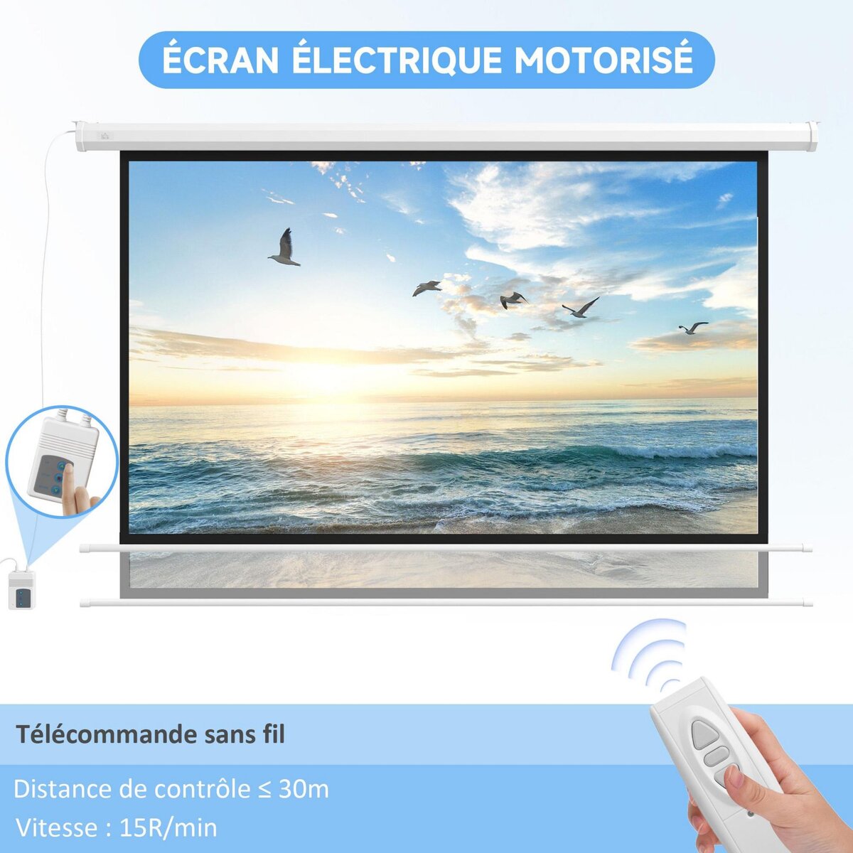 HOMCOM Écran de projection motorisé home-cinéma format 16:9 120 pouces 4K HD avec télécommande blanc noir