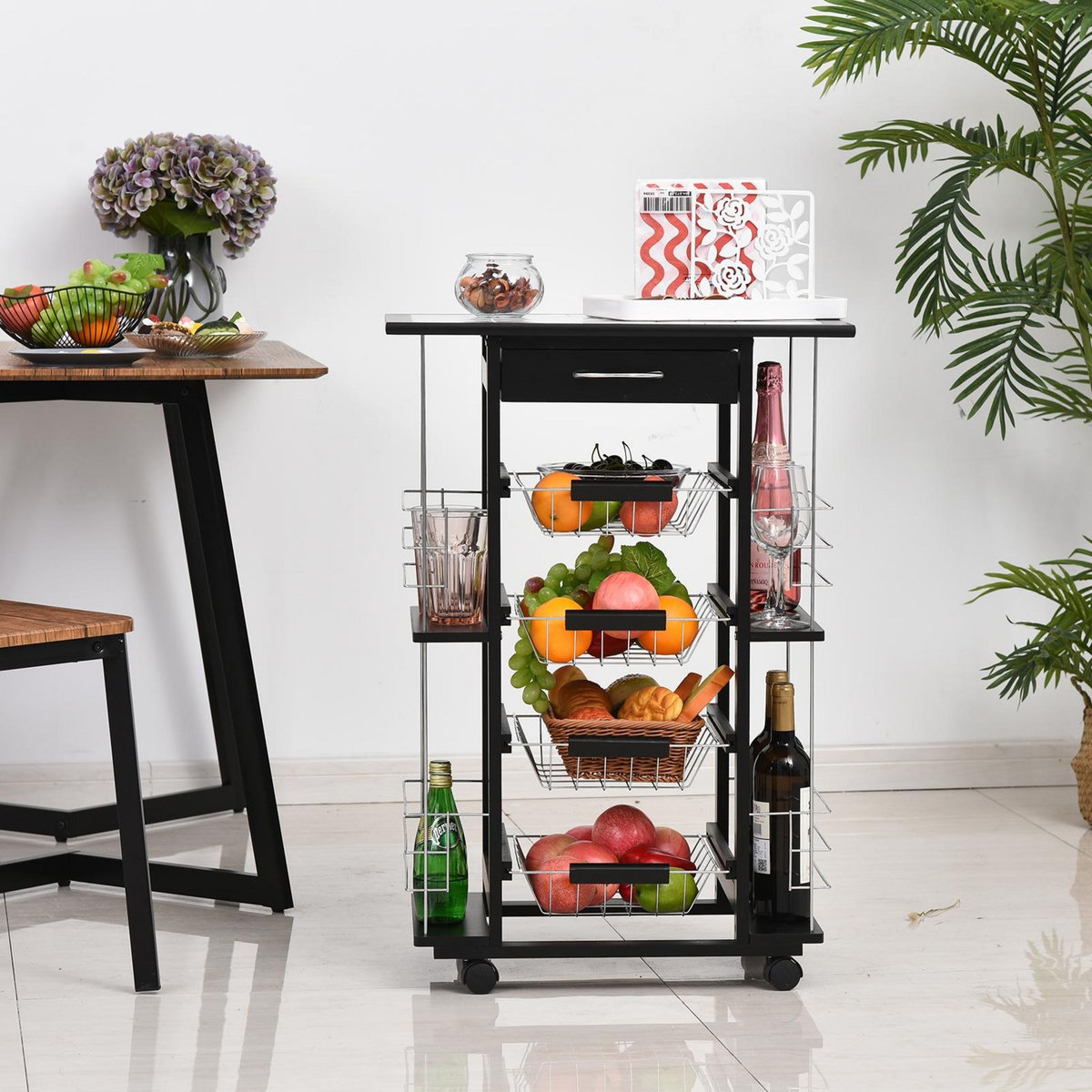 HOMCOM Chariot de service desserte de cuisine à roulettes multi-rangements 4 paniers métal tiroir + 4 range-bouteilles bois pin plateau carrelé