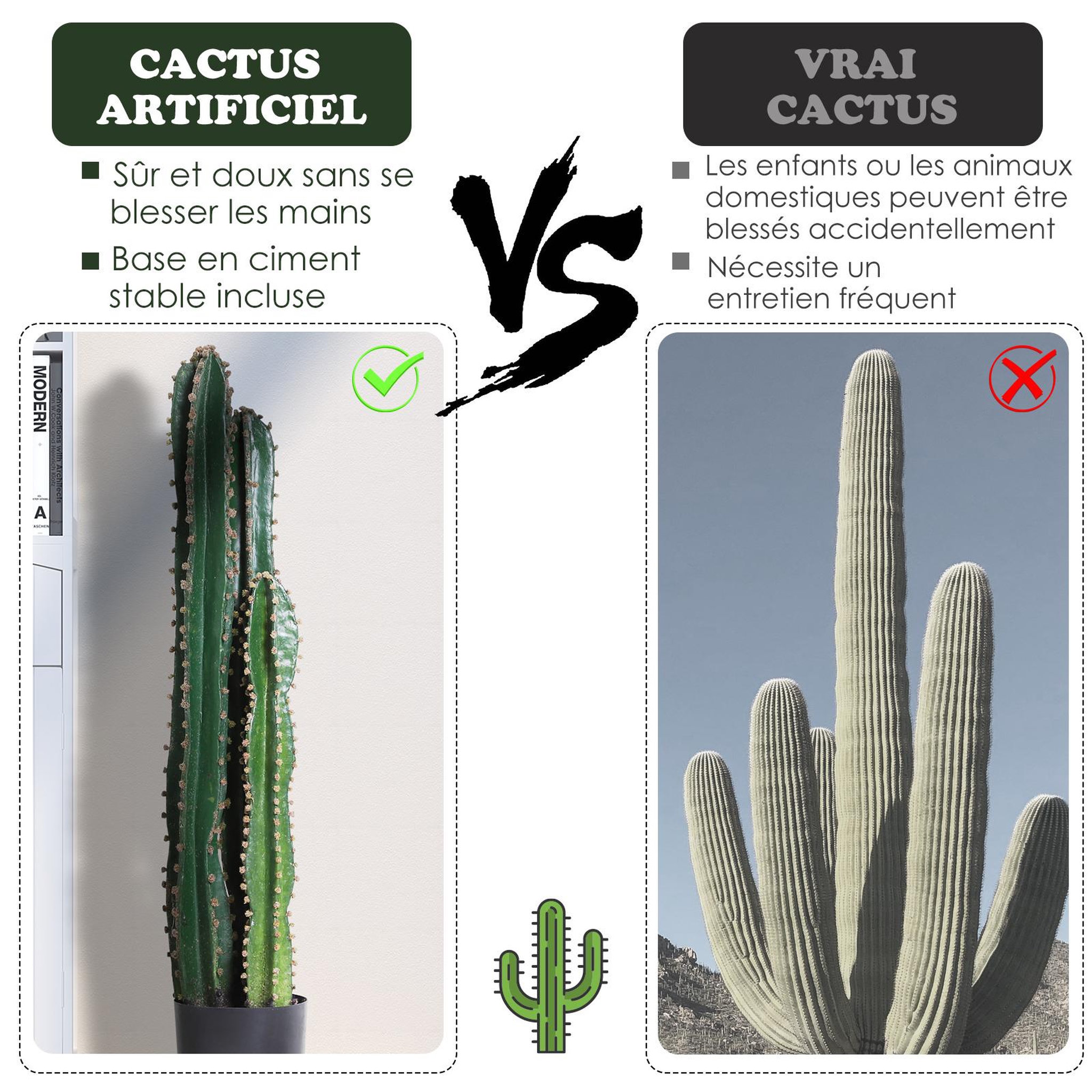 Voir la diapositive 5 : OUTSUNNY Cactus artificiel grand réalisme plante artificielle grande taille dim. Ø 17 x 100H cm vert