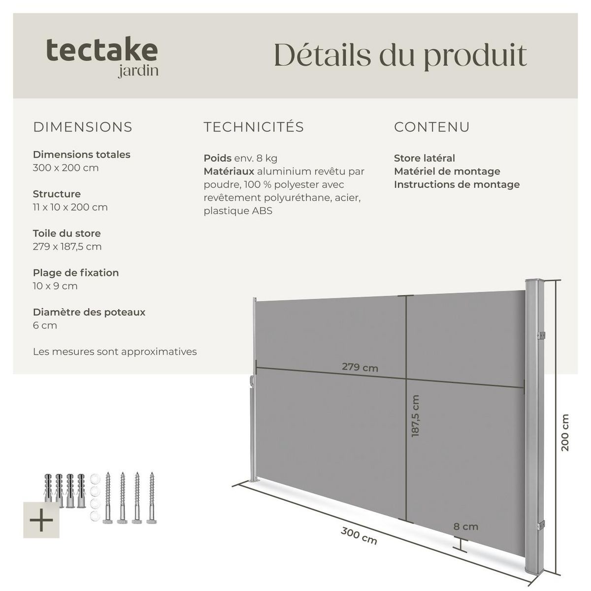 tectake Store latéral Brise-vue en Aluminium gris