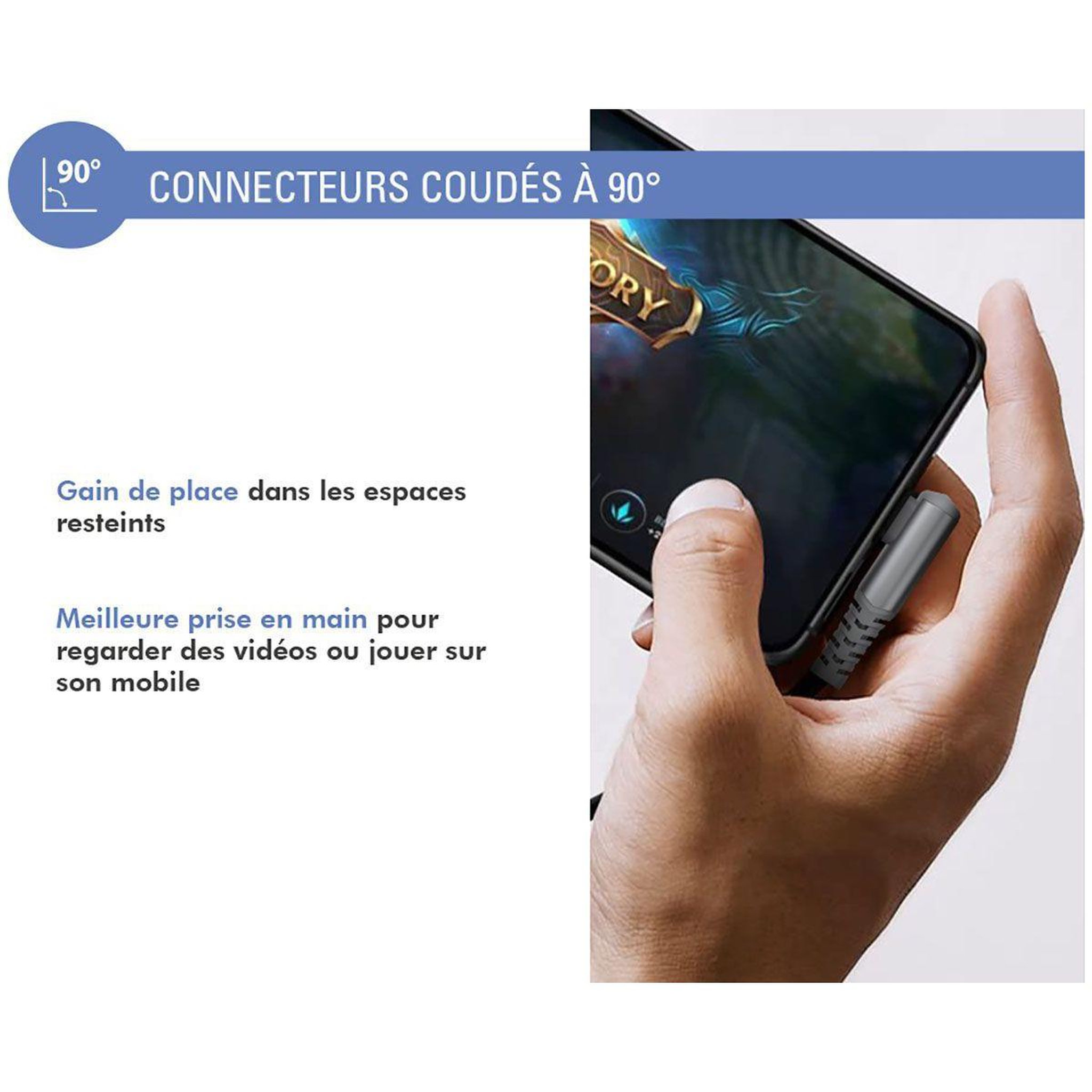 Voir la diapositive 3 : FORCE POWER Câble usb 60w usb-c/ 2 usb-c 2m coudé gris renforc