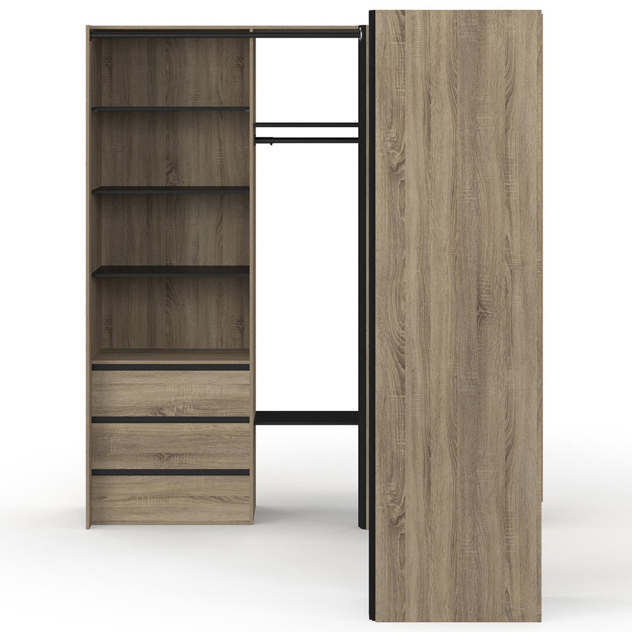 Voir la diapositive 3 : ID MARKET Dressing extensible d'angle marlon 200 x 150 x 180 cm hêtre avec penderies + tiroirs + étagères + rideaux noirs