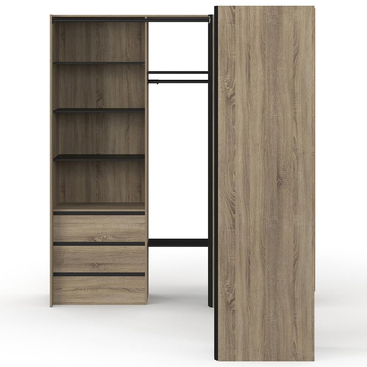 ID MARKET Dressing extensible d'angle MARLON 200 x 150 x 180 cm hêtre avec penderies + tiroirs + étagères + rideaux noirs