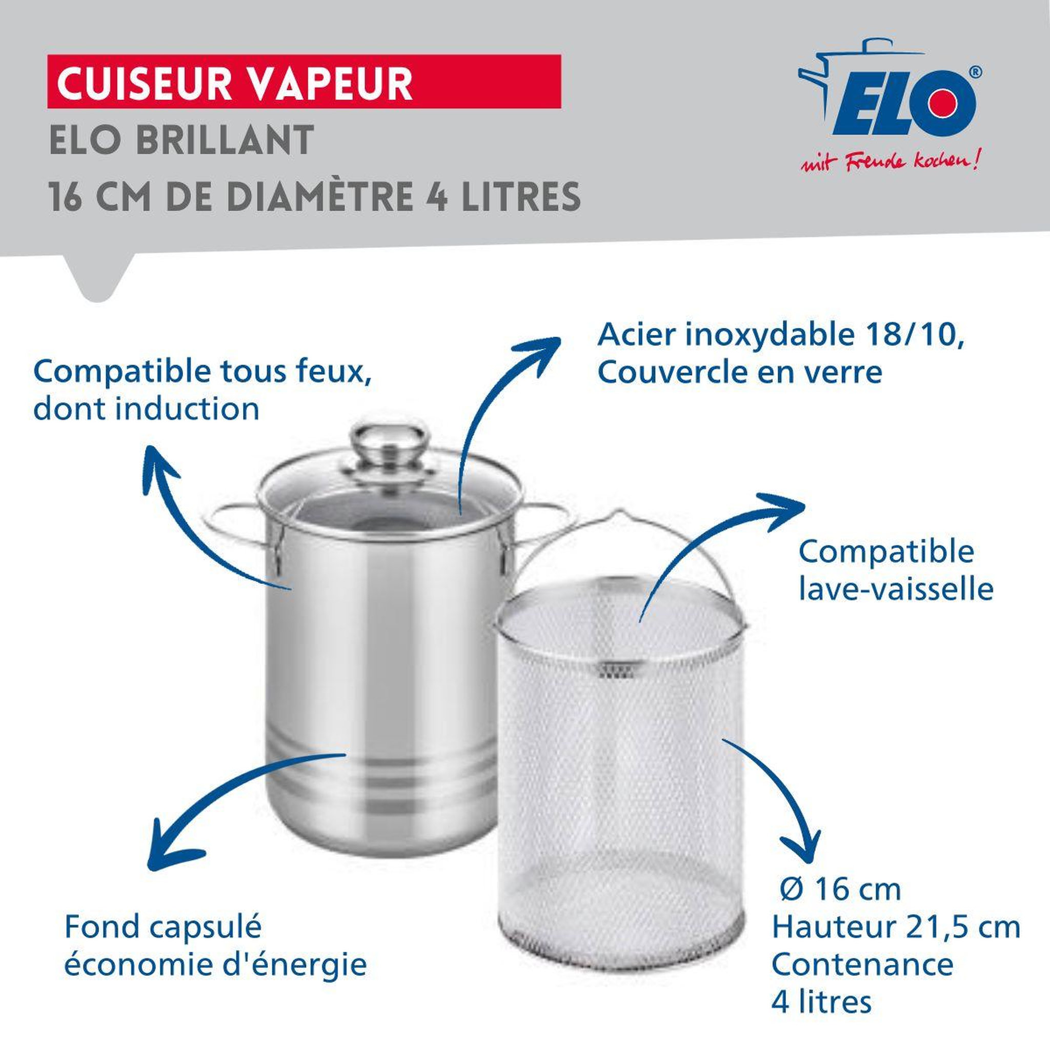 Voir la diapositive 3 : ELO Cuiseur à asperges inox avec couvercle 4 litres elo brillant
