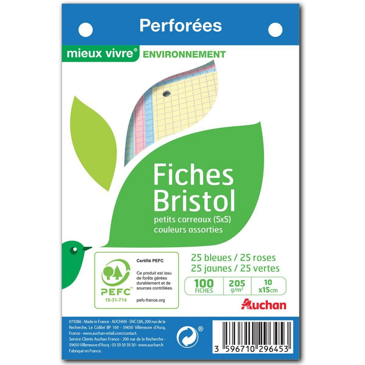 AUCHAN Lot de 100 fiches bristol 10x15cm petits carreaux 5x5 perforées couleurs assorties