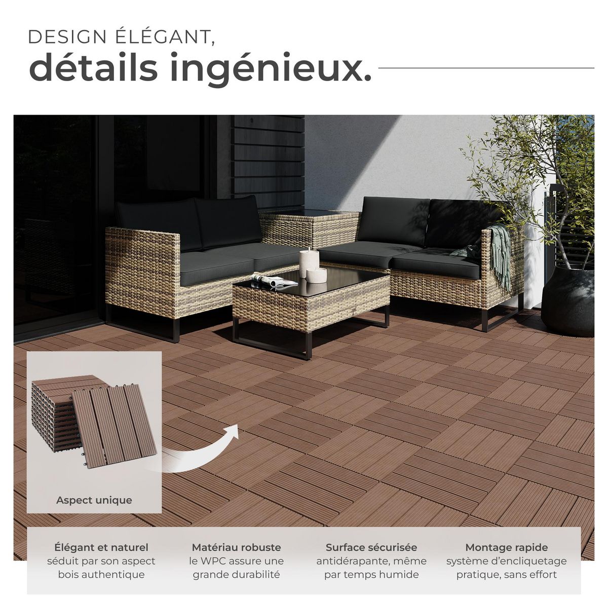 tectake Dalles de terrasse Lot de 11 dalles avec système de clic marron Ensemble de 11 pièces