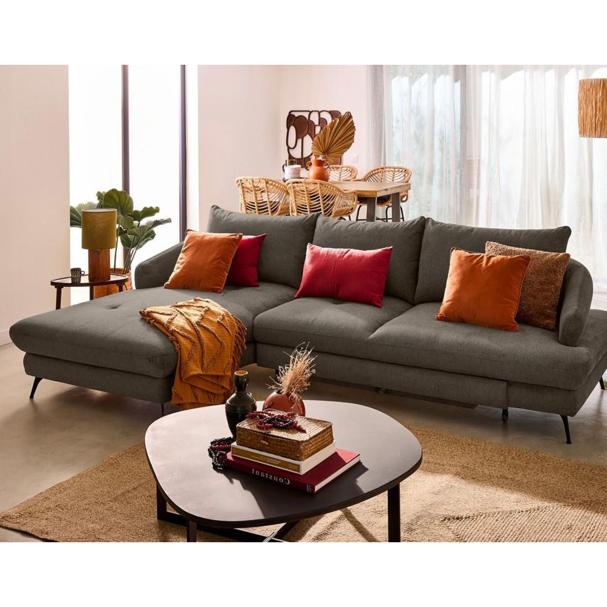 LISA DESIGN Ninon - canapé d'angle gauche 4 places convertible avec coffre en tissu texturé