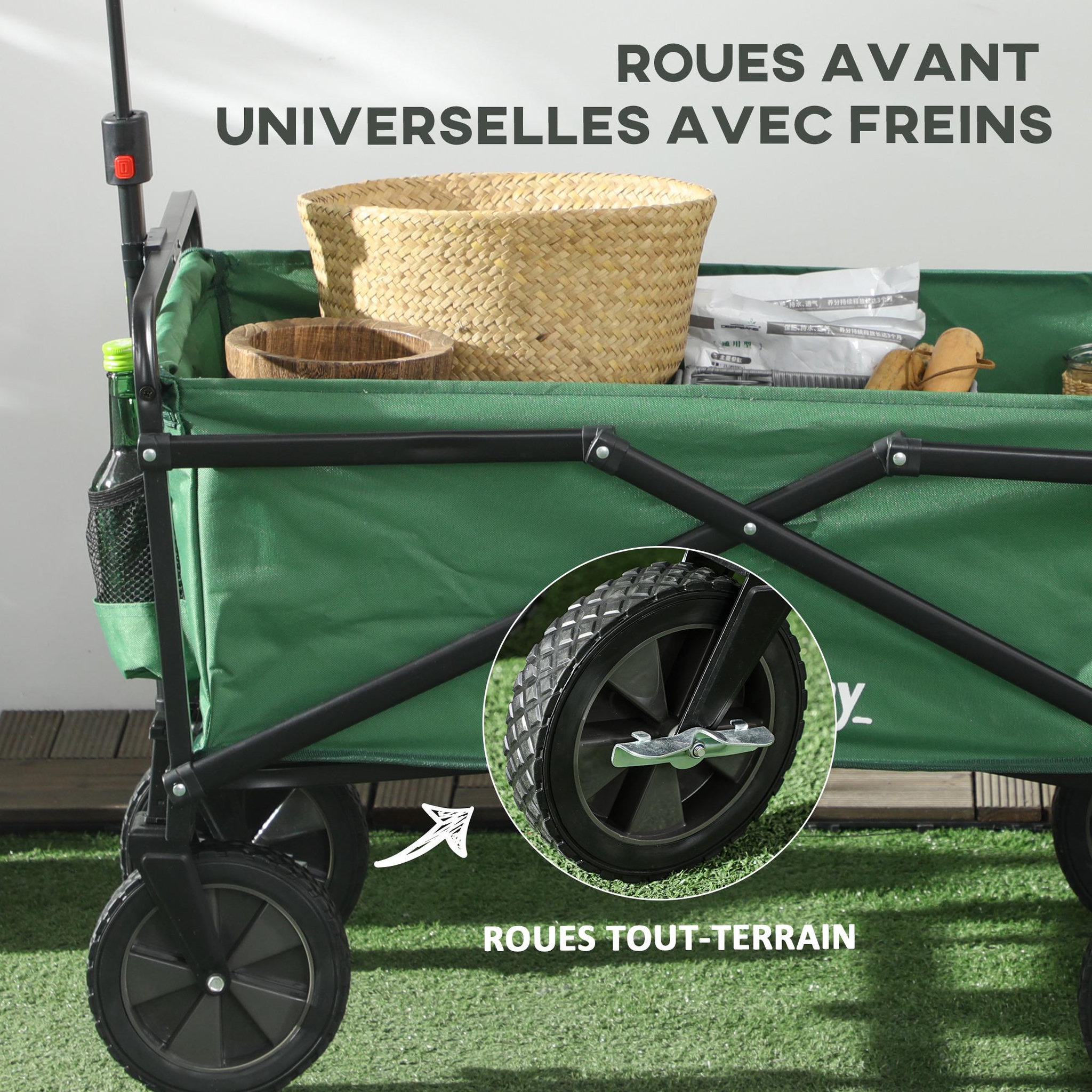 Voir la diapositive 6 : OUTSUNNY Chariot de transport pliable à roulettes - poignée télescopique - max. 40 Kg - métal noir oxford vert
