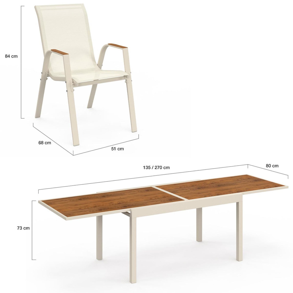ID MARKET Salon de jardin NOUMEA table extensible 135/270 CM plateau verre trempé effet bois et 12 chaises empilables beige et bois