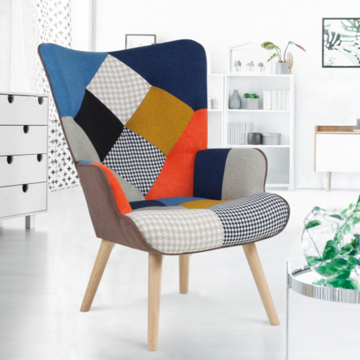 ID MARKET Fauteuil scandinave IVAR en tissu patchwork multicouleurs et imprimé pied de poule