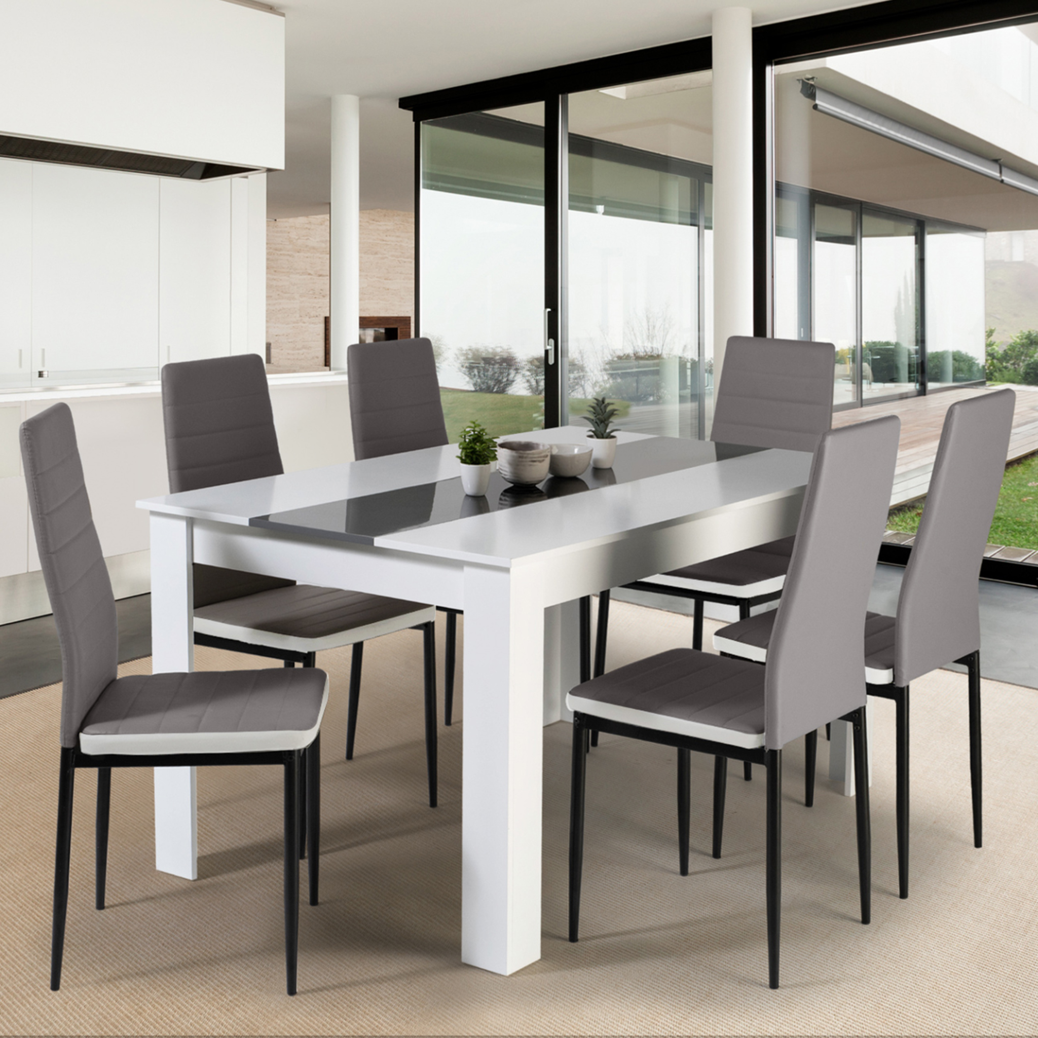Voir la diapositive 2 : ID MARKET Ensemble table à manger georgia 140 cm blanche et grise et 6 chaises romane grises liseré blanc