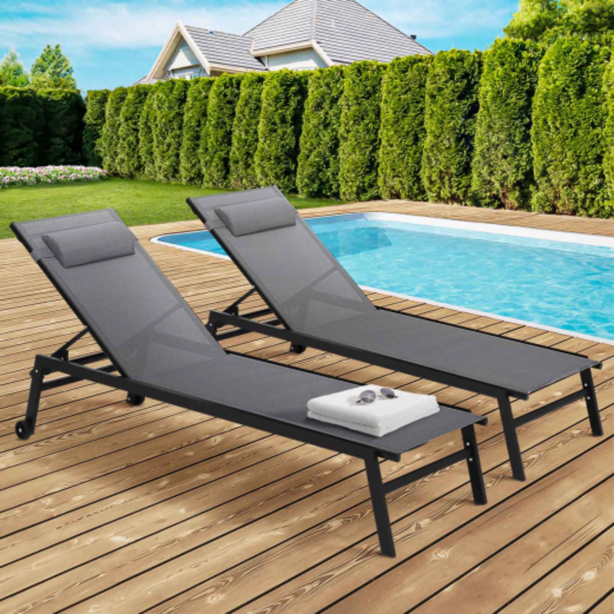 ID MARKET Lot de 2 transats de jardin inclinables en aluminium SINTRA gris anthracite et noir avec roulettes et coussin