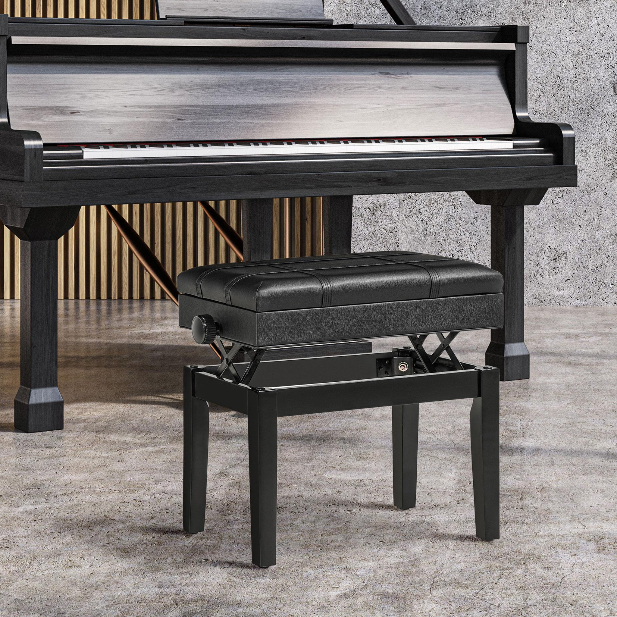 Voir la diapositive 2 : HOMCOM Banquette tabouret siège pour piano coffre intégré hauteur réglable bois hévéa assise revêtement synthétique noir