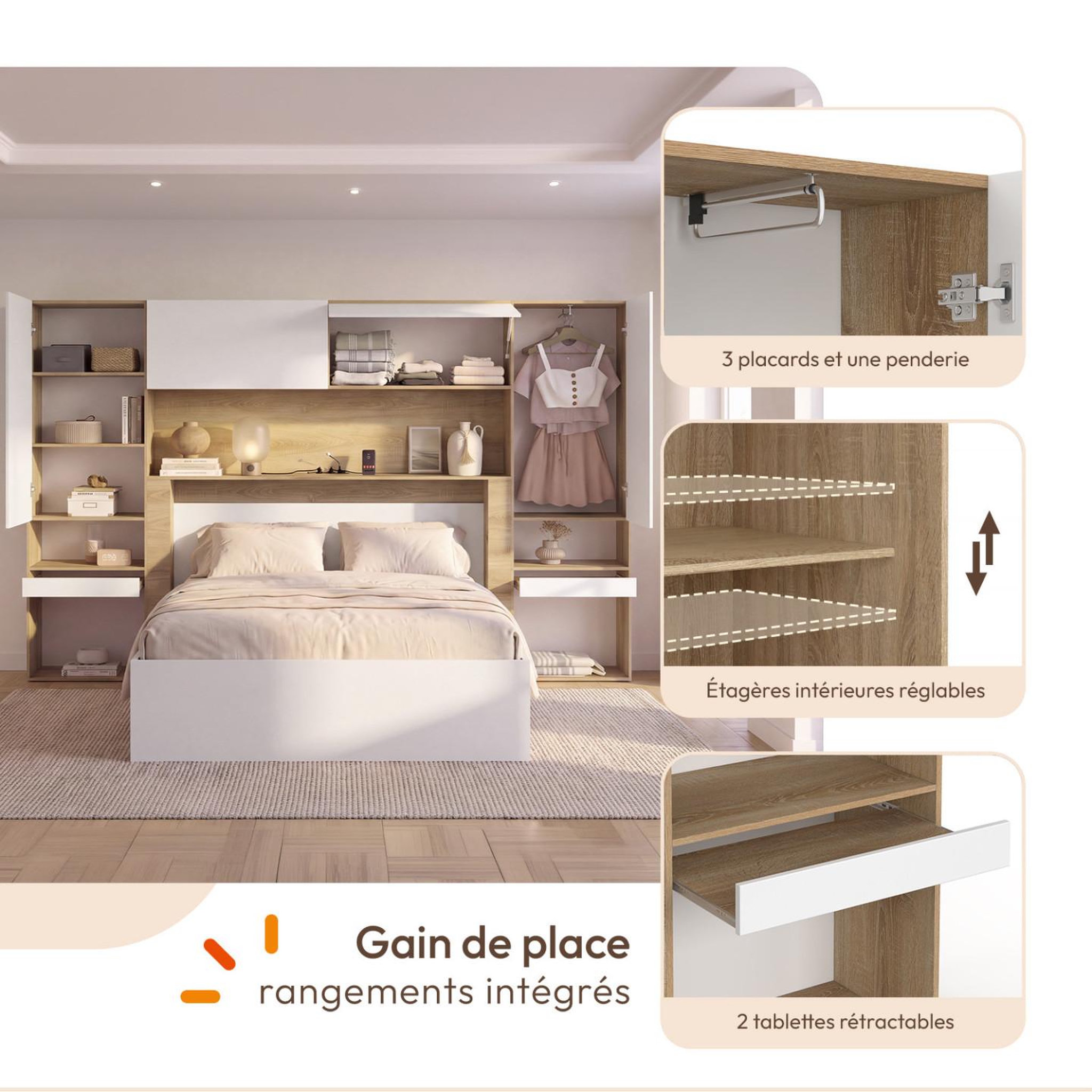 Voir la diapositive 3 : ID MARKET Pont de lit BRIDGET XXL 265 cm avec rangements, penderie, multiprises et LED bois et blanc