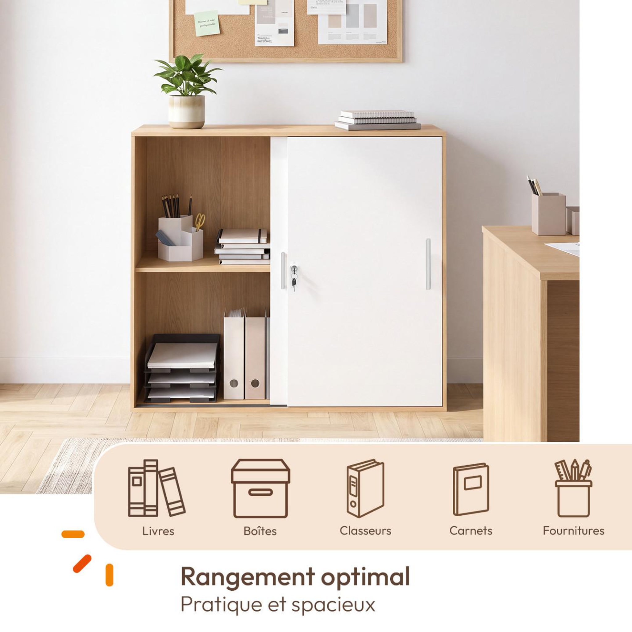Voir la diapositive 5 : ID MARKET Armoire basse de bureau 2 portes coulissantes verrouillables MARIA façon hêtre et blanc