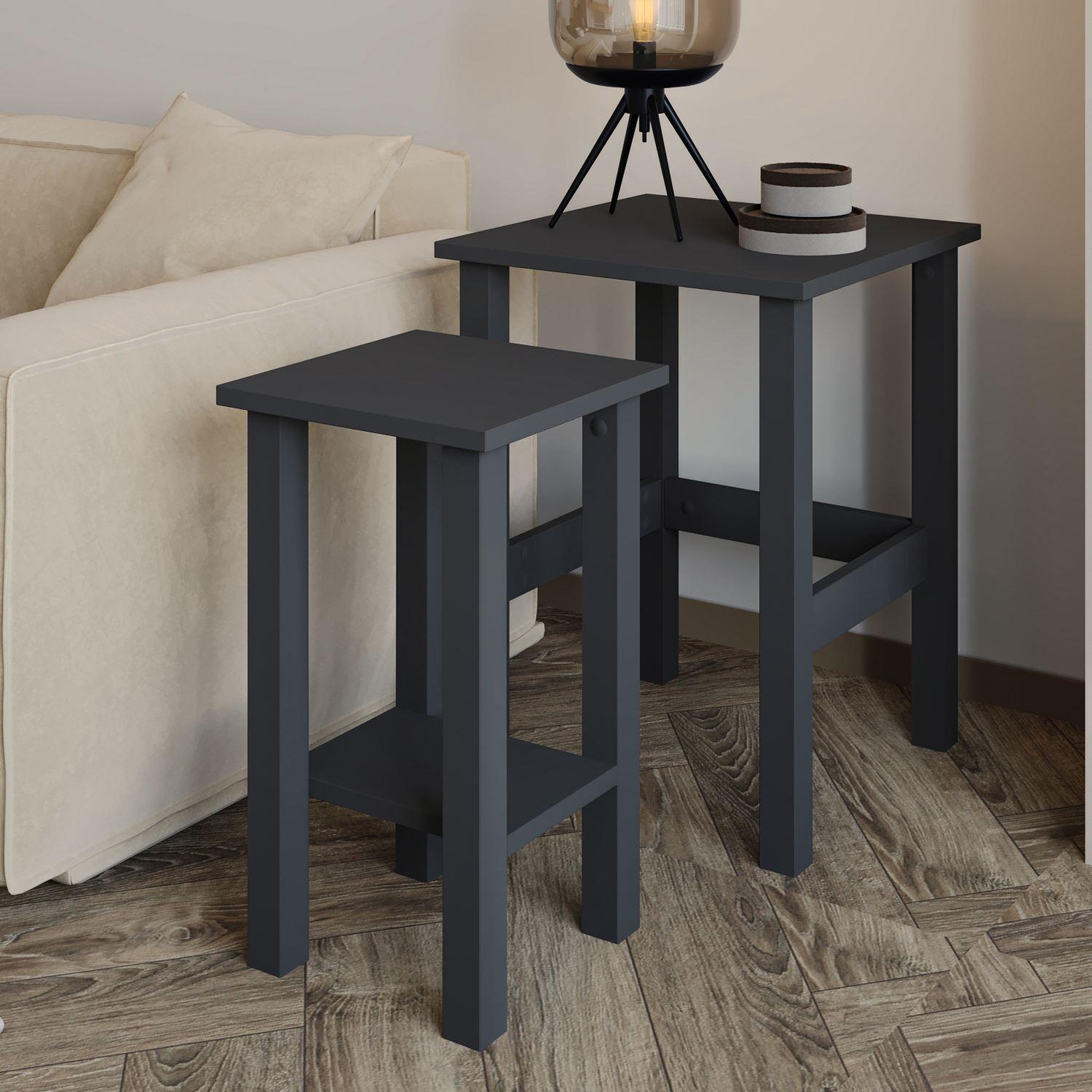 Voir la diapositive 4 : Habitat et Jardin Lot de 2 tables d'appoint en bois  gina 2  - 45 x 45 x 60 cm - gris anthracite