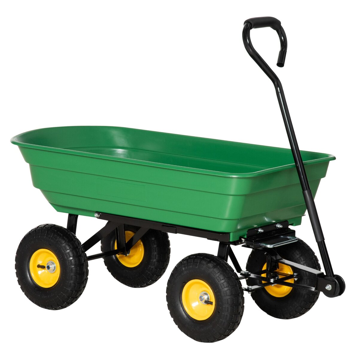 OUTSUNNY Chariot de jardin à main benne basculante 75° 75L charge max. 200  Kg 4 roues pneumatiques acier PP jaune vert pas cher 