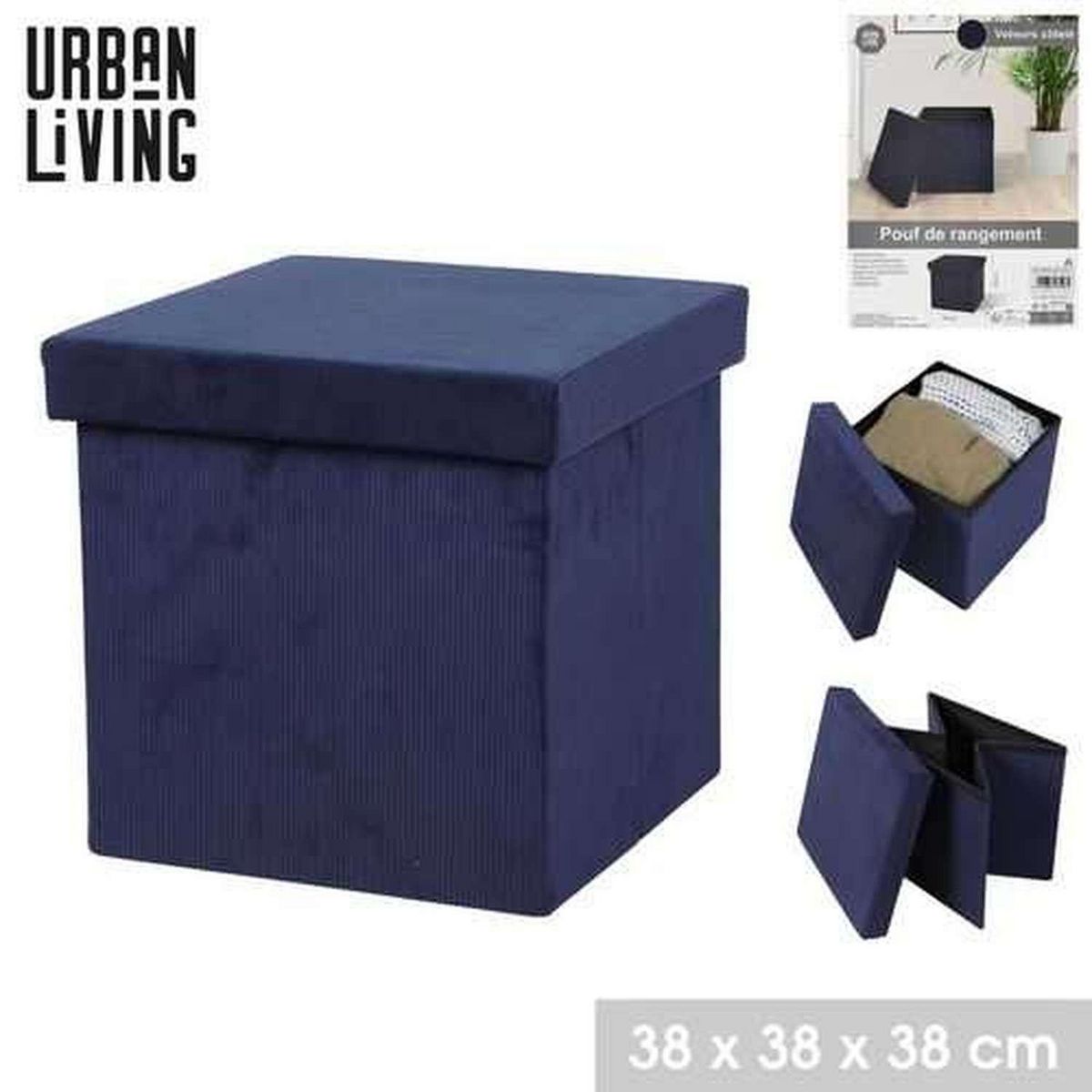 DIVERS Pouf de rangement pliable Kube en velours côtelé - Bleu
