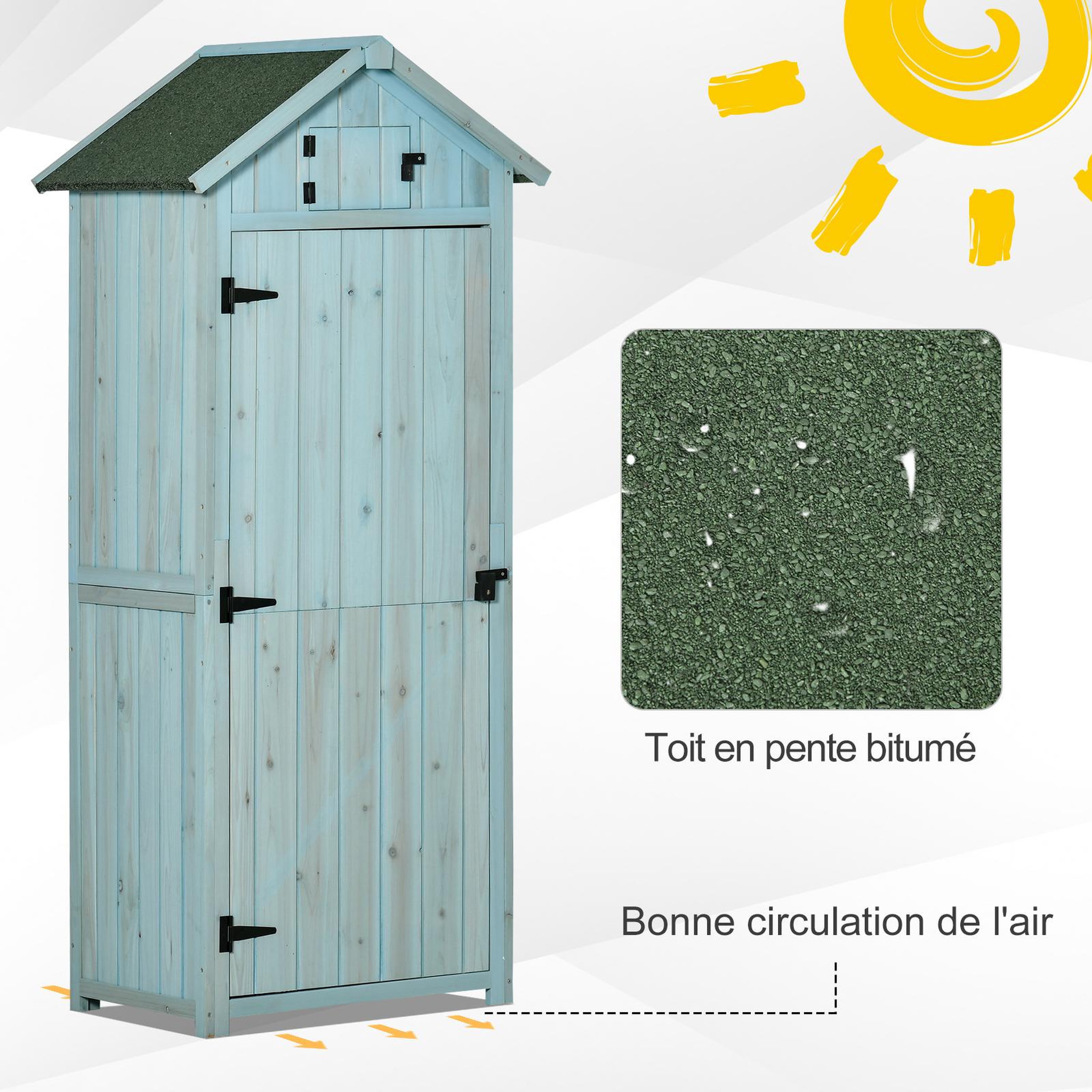 Voir la diapositive 5 : OUTSUNNY Armoire abri de jardin remise pour outils 3 étagères 2 portes loquets toit pente bitumé 77L x 54l x 179H cm sapin traité bleu