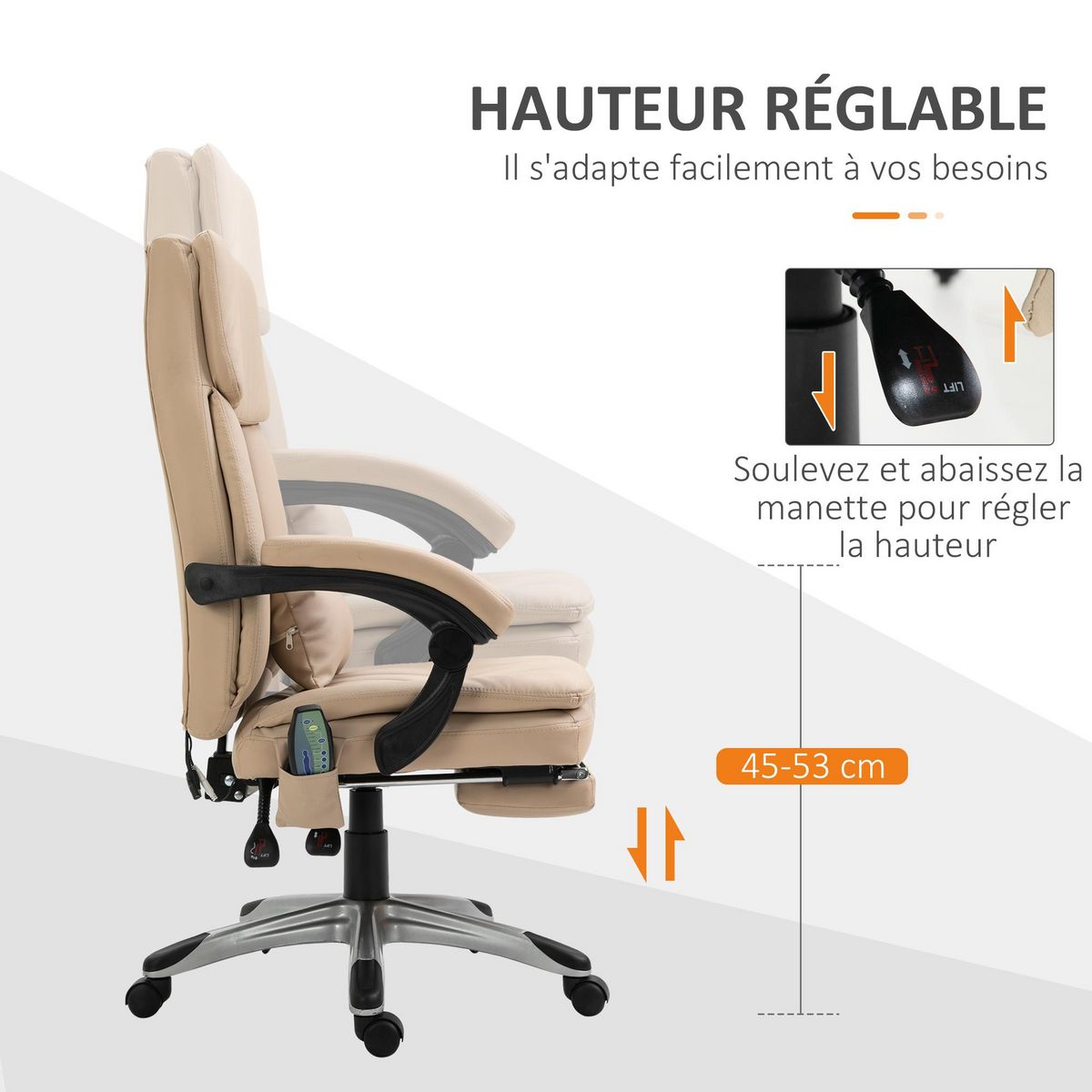 VINSETTO Vinsetto Fauteuil de bureau direction massant hauteur réglable dossier inclinable repose-pied coussin lombaires revêtement synthétique beige