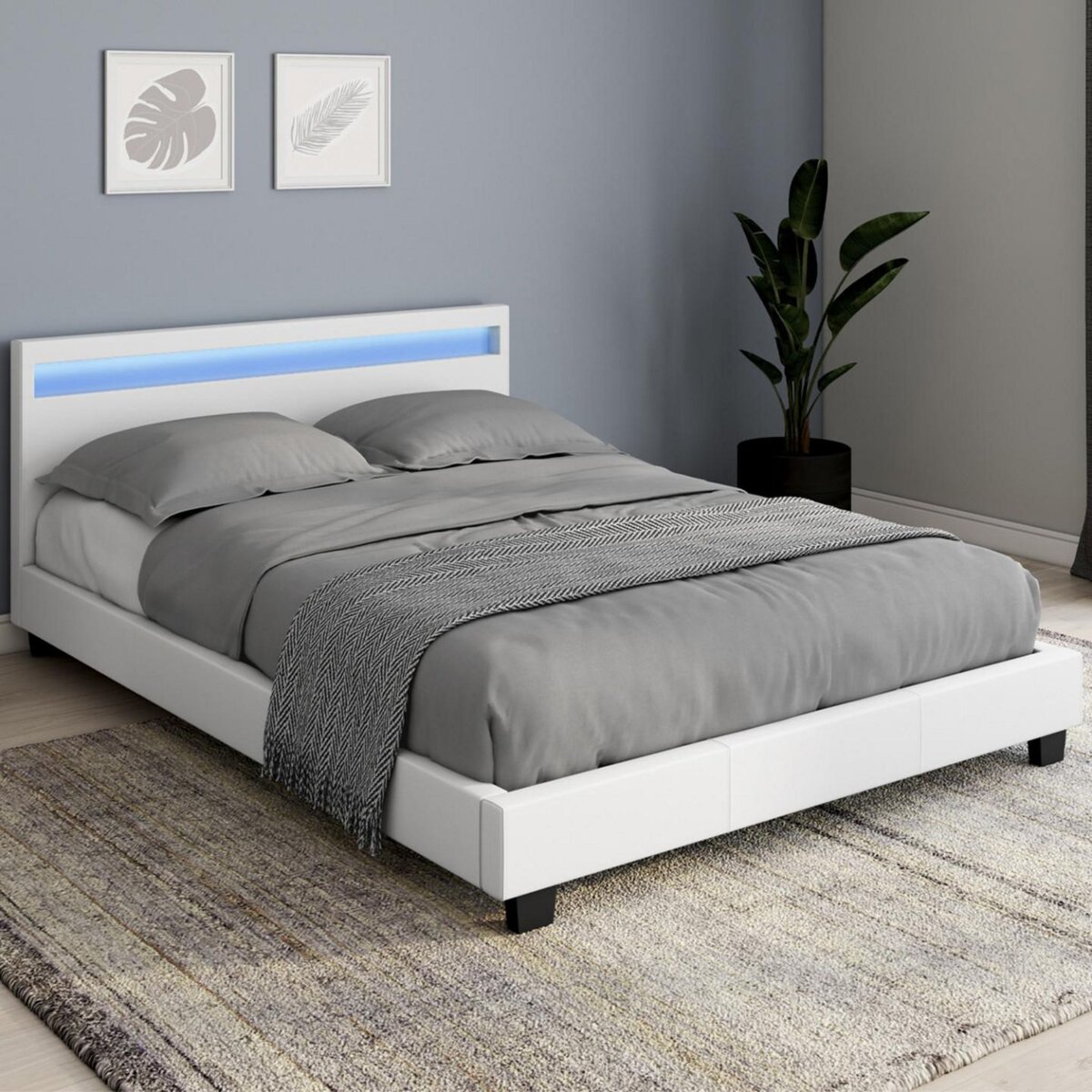 ID MARKET Lit double NEO avec tête de lit LED intégrées et sommier 140 x 190 cm PVC blanc