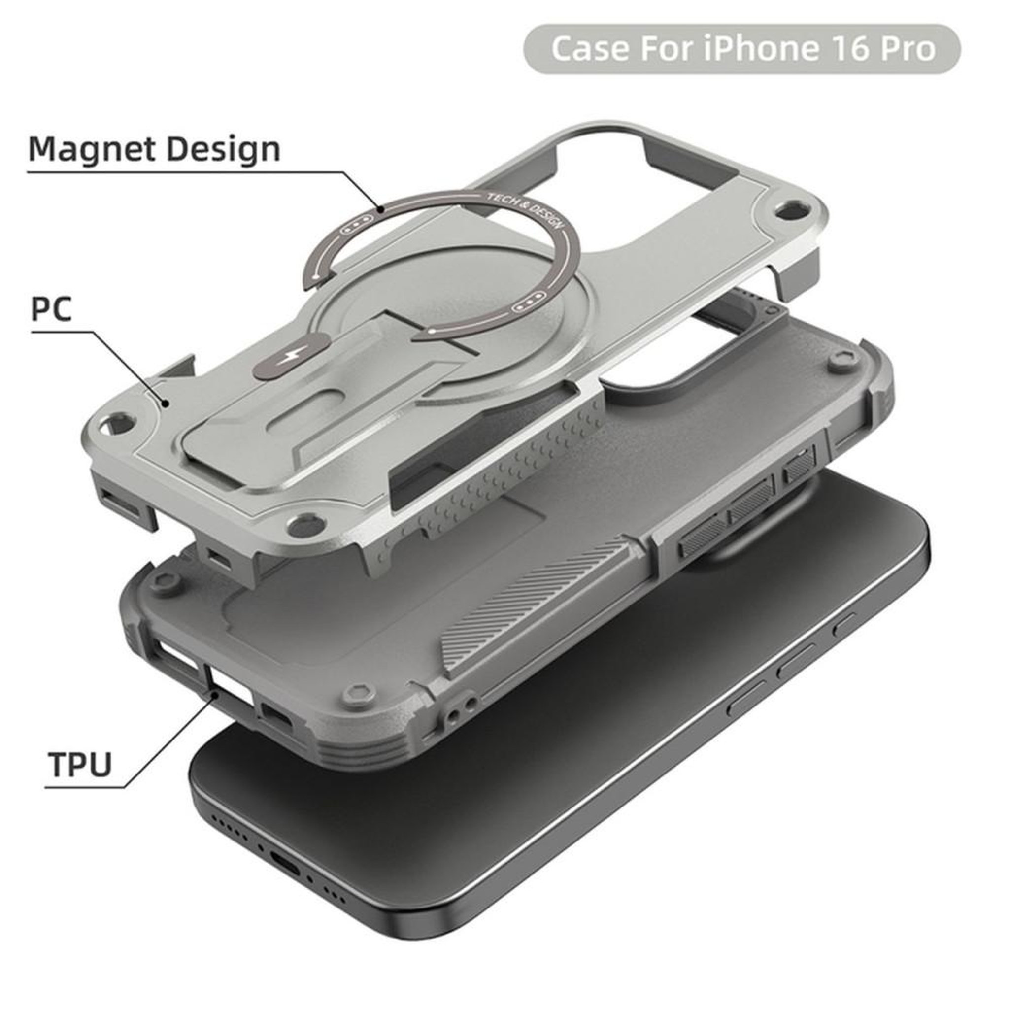 Voir la diapositive 3 : Coque MagSafe iPhone 16 Pro grise antichoc 360° avec support intégré HCT Style