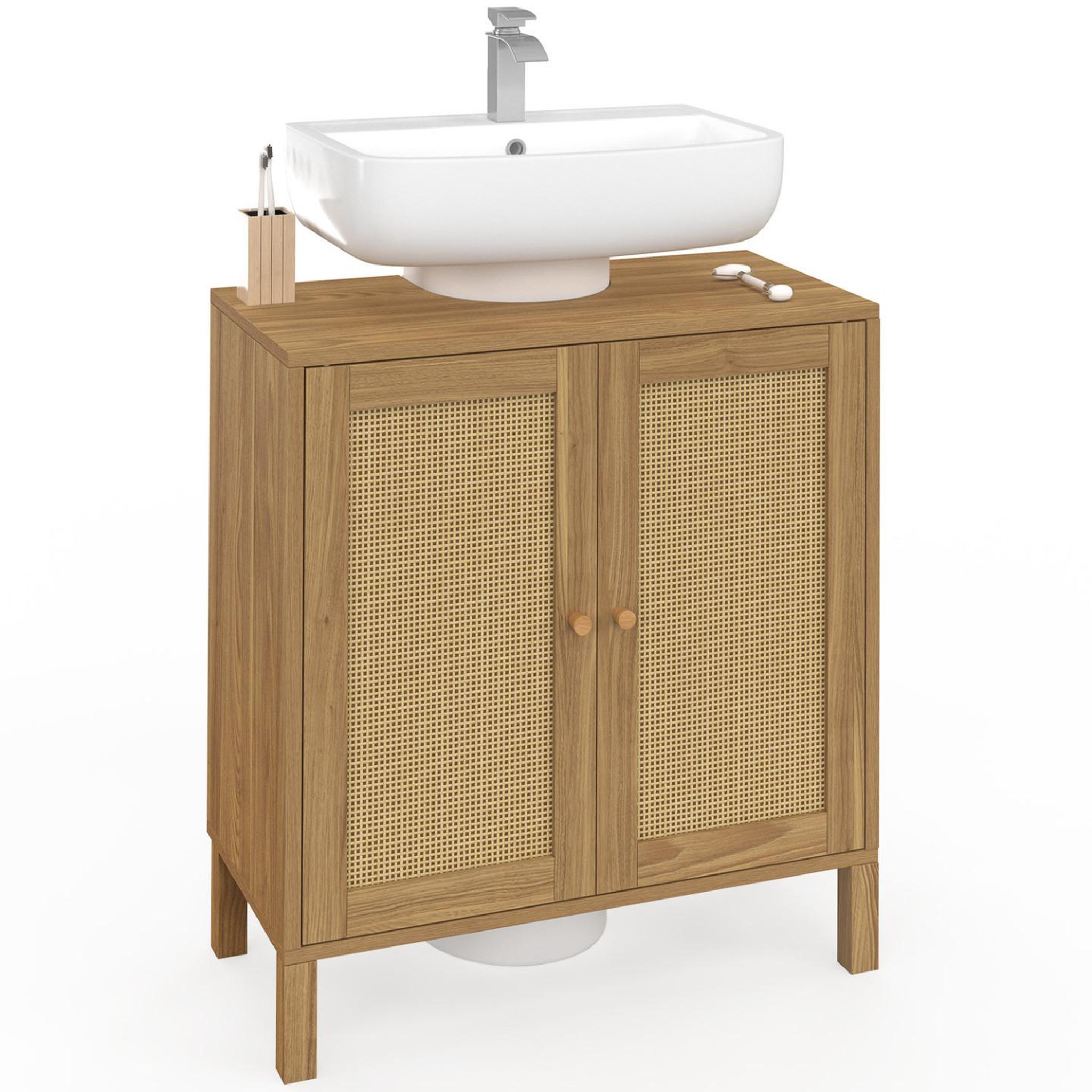 ID MARKET Meuble sous lavabo salle de bain hanae effet naturel cannage