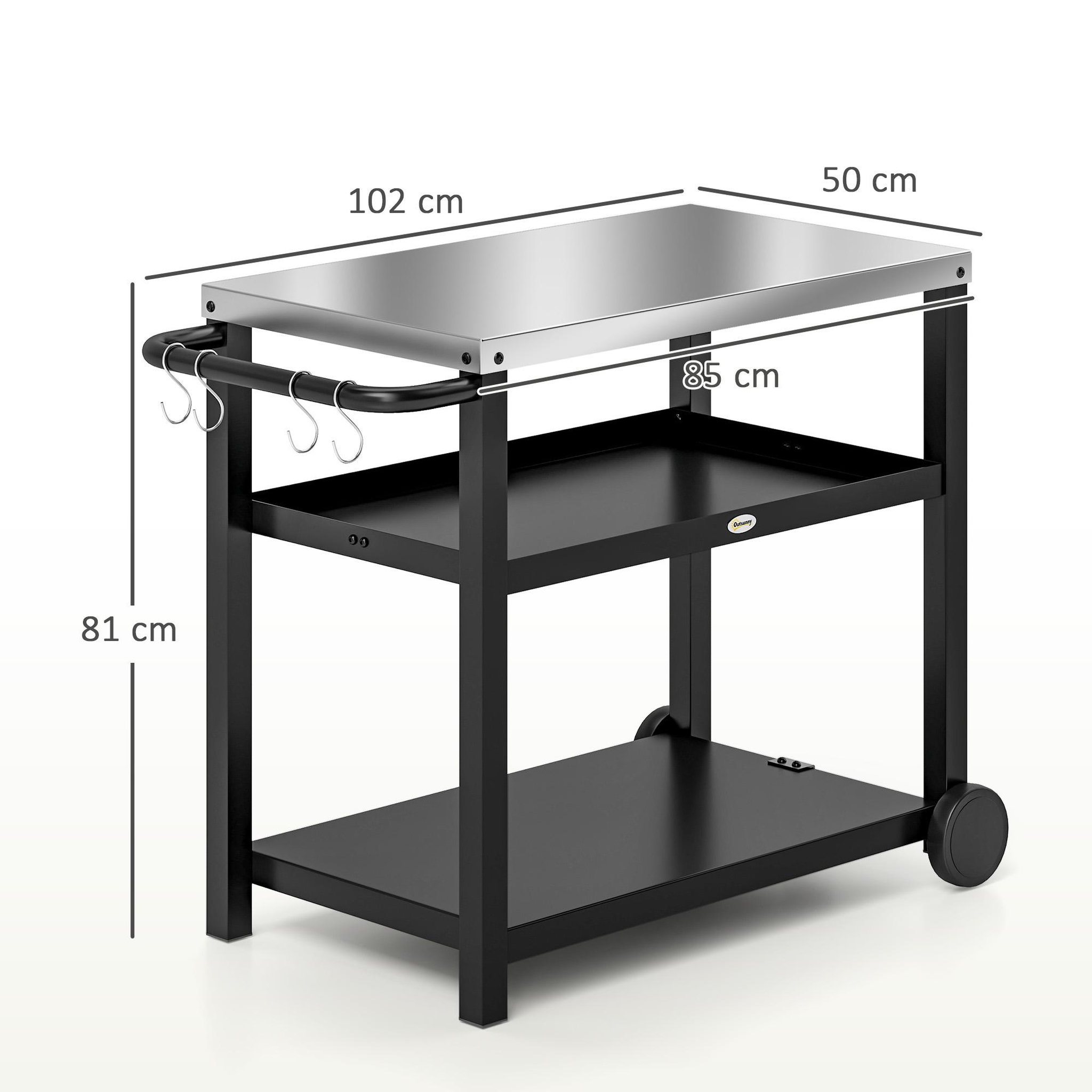 Voir la diapositive 3 : OUTSUNNY Desserte jardin - chariot pour plancha barbecue - 2 étagères, 4 + 1 crochets - métal gris plateau acier inox