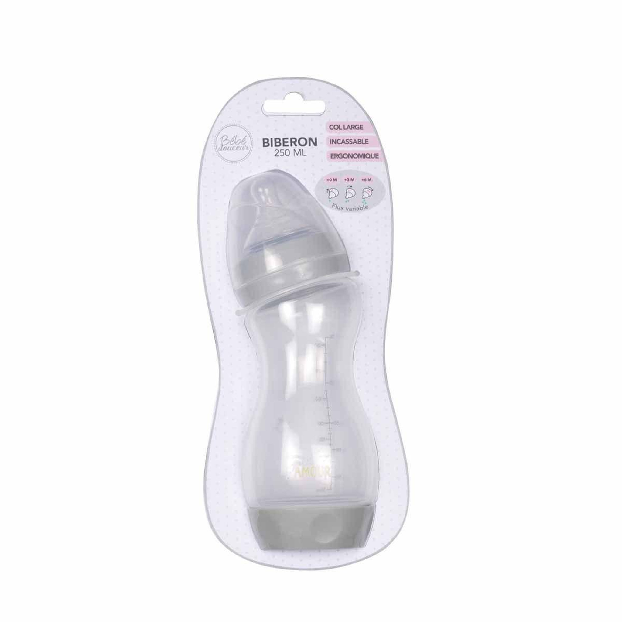 Voir la diapositive 2 : HOMEA Biberon Ergonomique Col Large  Amour  250ml Gris