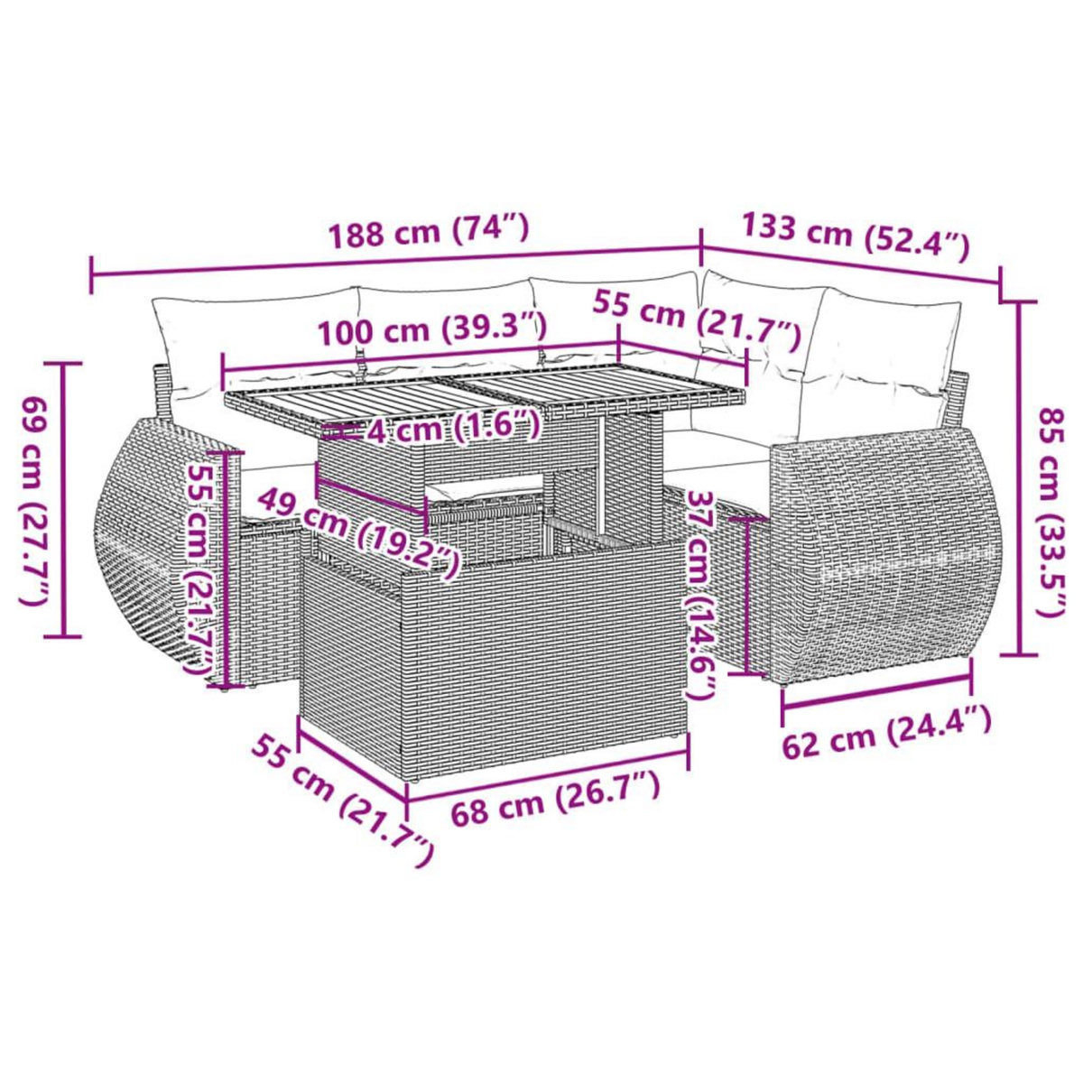 VIDAXL Salon de jardin avec coussins 5 pcs beige resine tressee