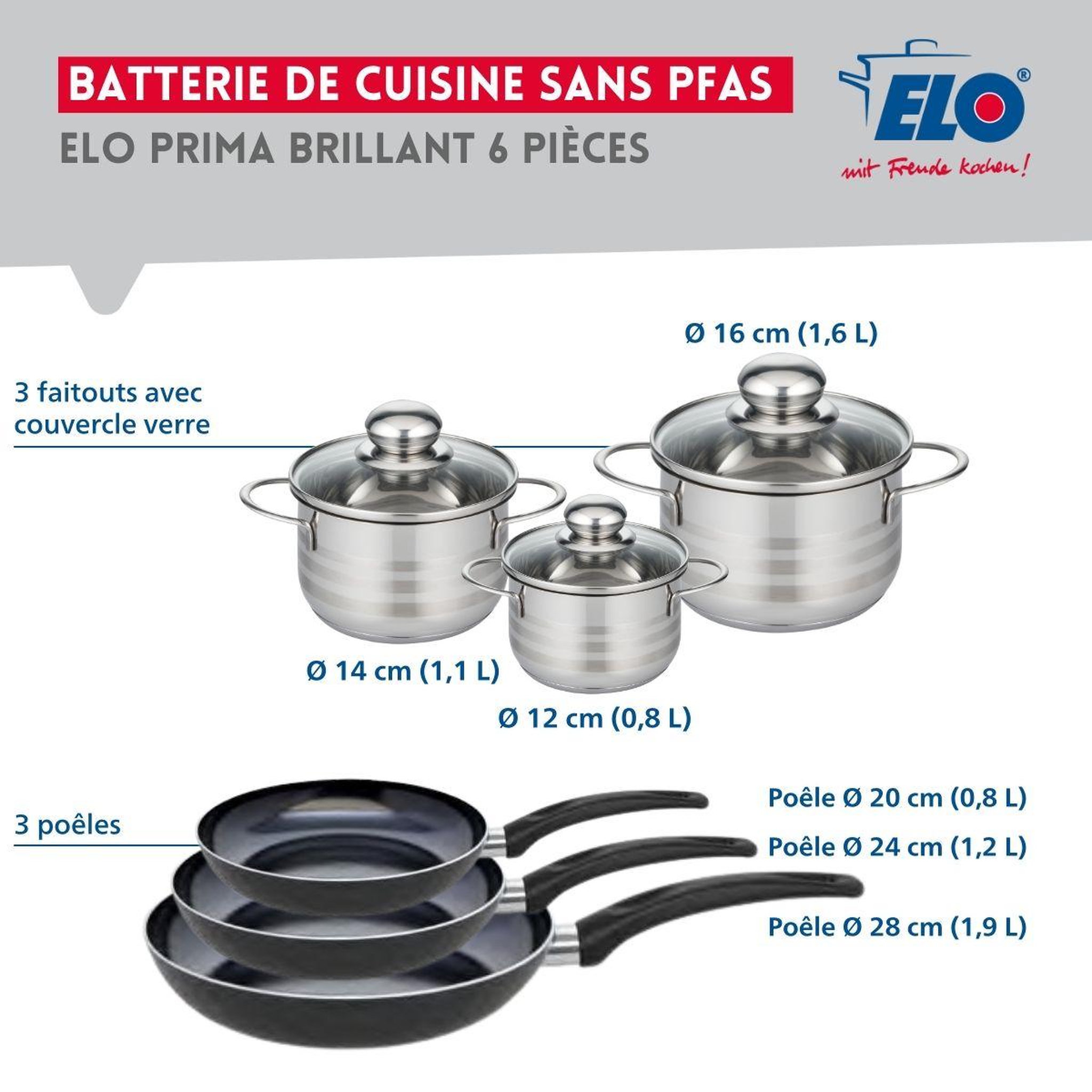 Voir la diapositive 2 : ELO Ensemble de 3 poêles de cuisson 20, 24 et 28 cm et 3 faitouts 12, 14 et 16 cm elo prima brillant