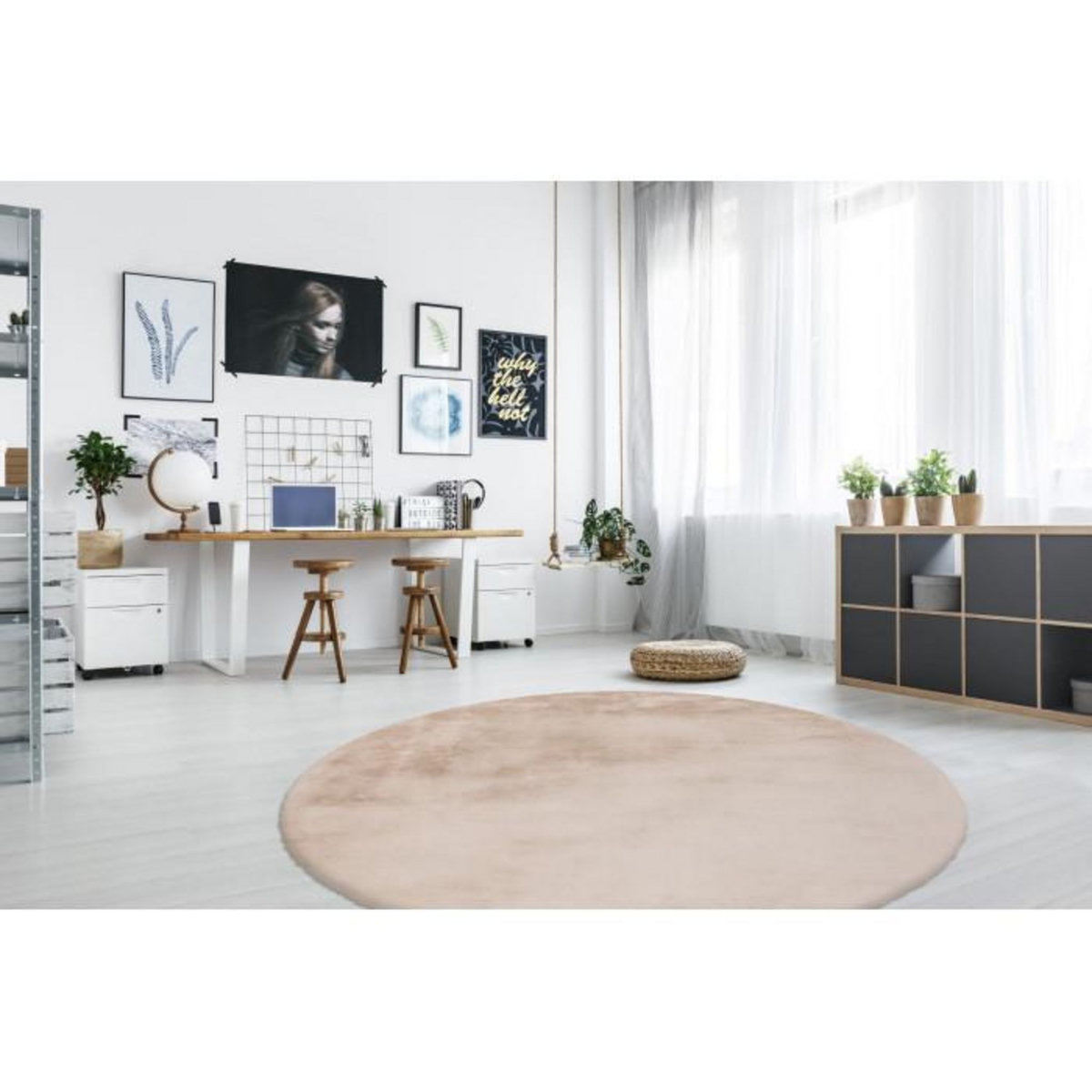 Paris Prix Tapis Rond à Poils Longs  Rabbit  160cm Beige