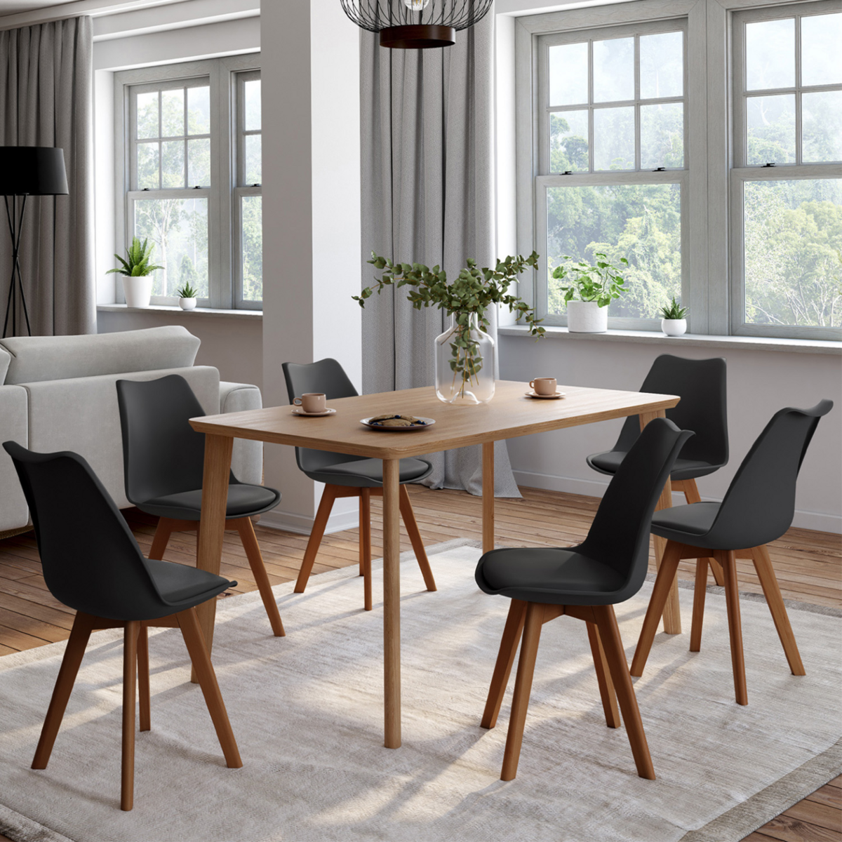 ID MARKET Lot de 6 chaises scandinaves SARA noires pieds foncés pour salle à manger