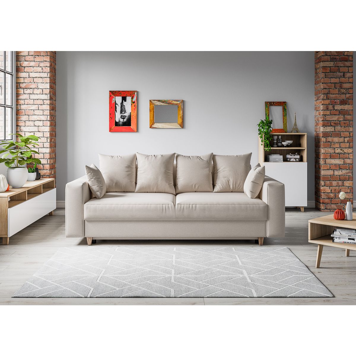 Canapé droit convertible 3 Places avec coffre  OLIVIA tissu écru