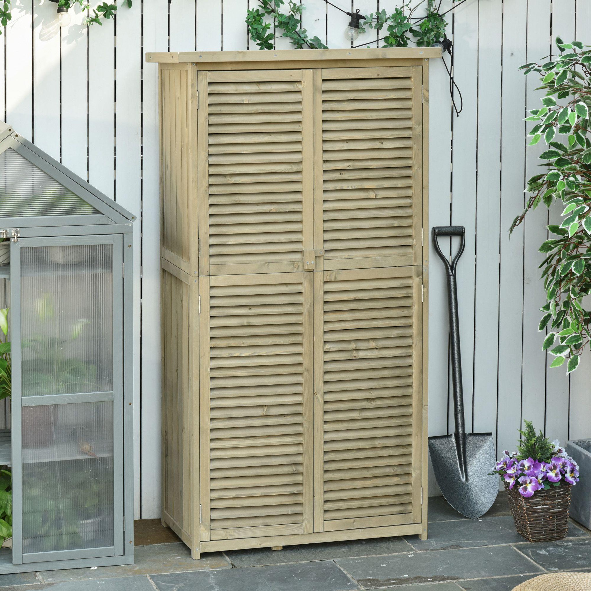 Voir la diapositive 2 : OUTSUNNY Armoire de jardin abri jardin remise pour outils sur pied dim. 79L x 42l x 160H cm 2 étagères portes persiennes toit bitumé étanche bois pin autoclave gris