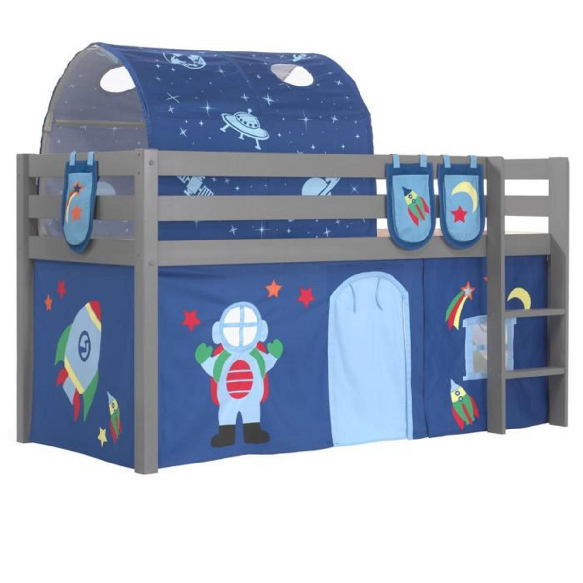 Paris Prix Pack - Lit Enfant Surélevé, Tente, 3 Pochettes & Tunnel  Pino Astronaute II  Gris