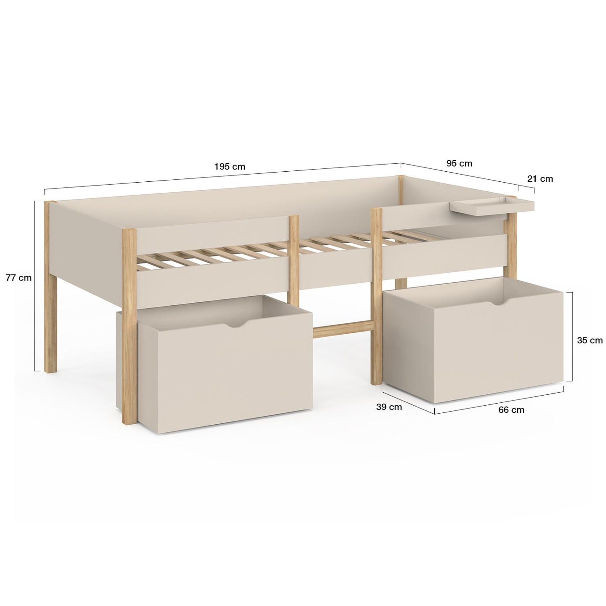 Voir la diapositive 5 : ID MARKET Lit simple surélevé mi-hauteur 90 x 190 cm SERVANE avec sommier, barrières, 2 tiroirs de rangement et tablette beige et bois