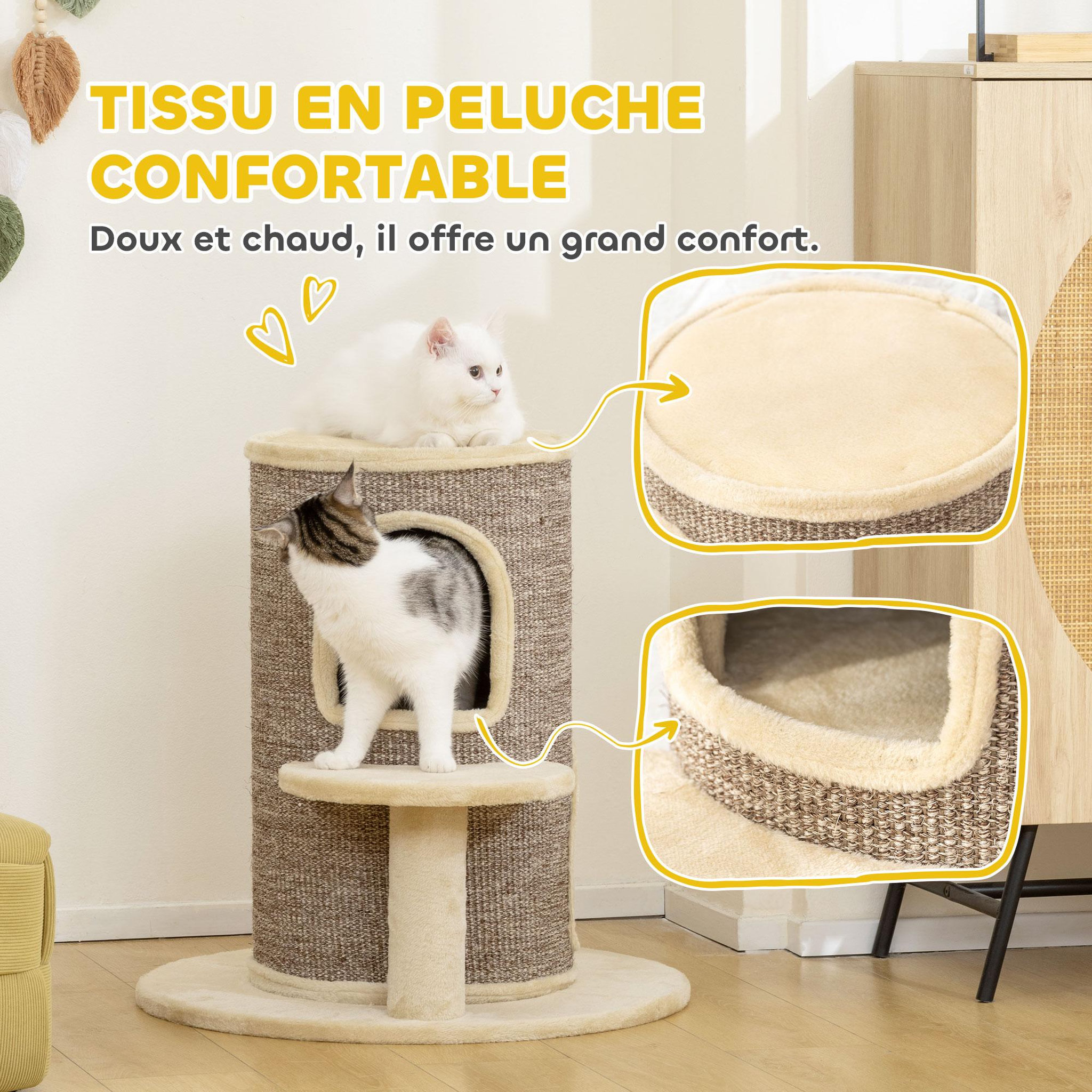 Voir la diapositive 4 : PAWHUT Arbre à chat cylindrique - tour à griffer pour chat h.61cm - tonneau griffoir - 2 niveaux + plateforme - sisal peluche beige